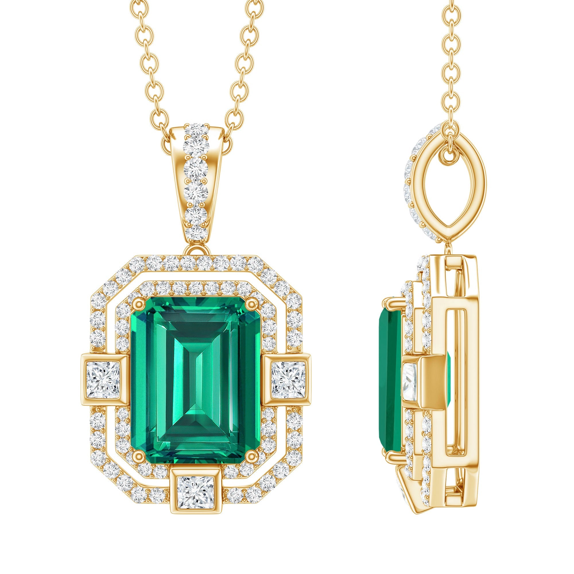 Lab Created Emerald Necklace – Octagon Cut Pendant With Double Halo Moissanite Sparkle