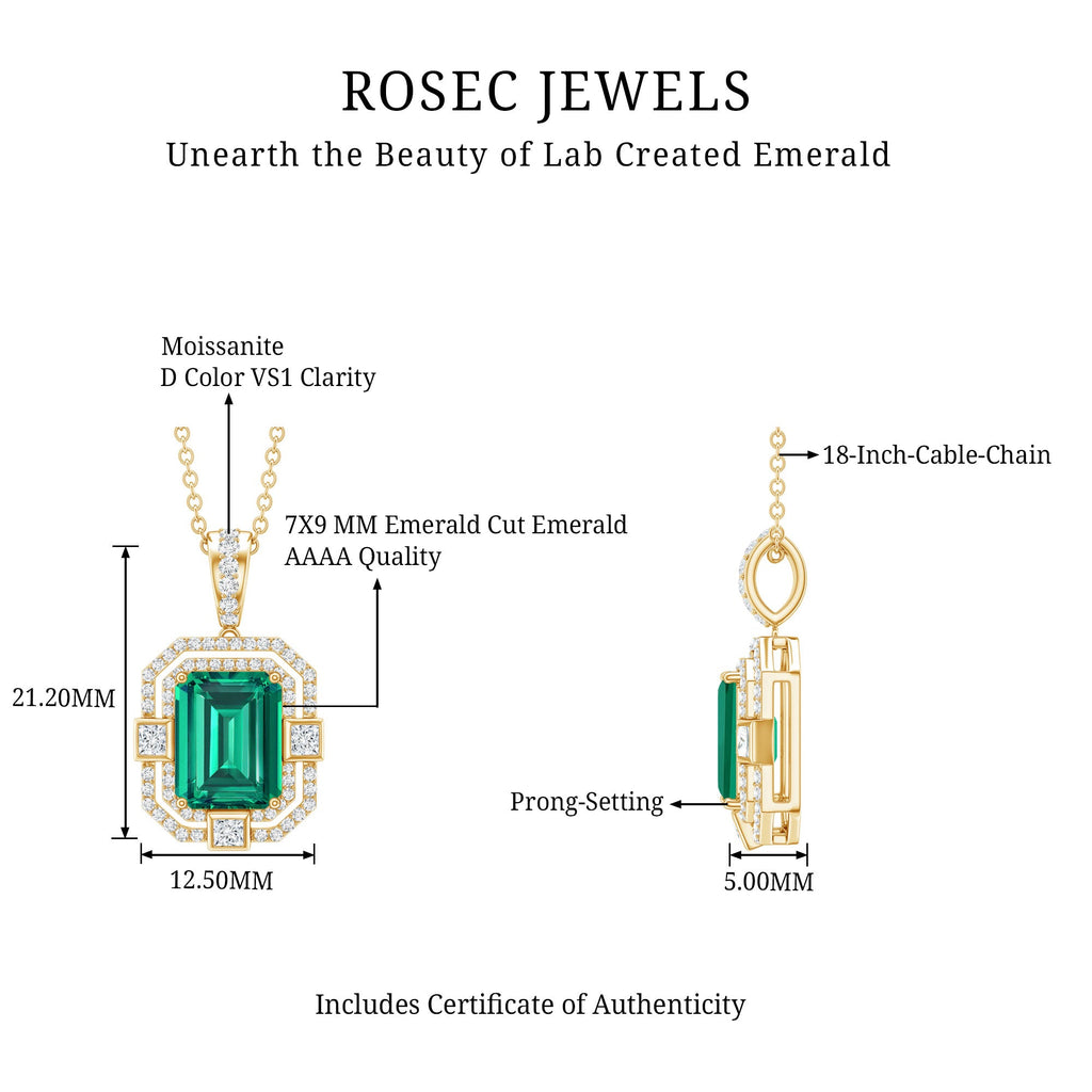 Lab Created Emerald Necklace – Octagon Cut Pendant With Double Halo Moissanite Sparkle