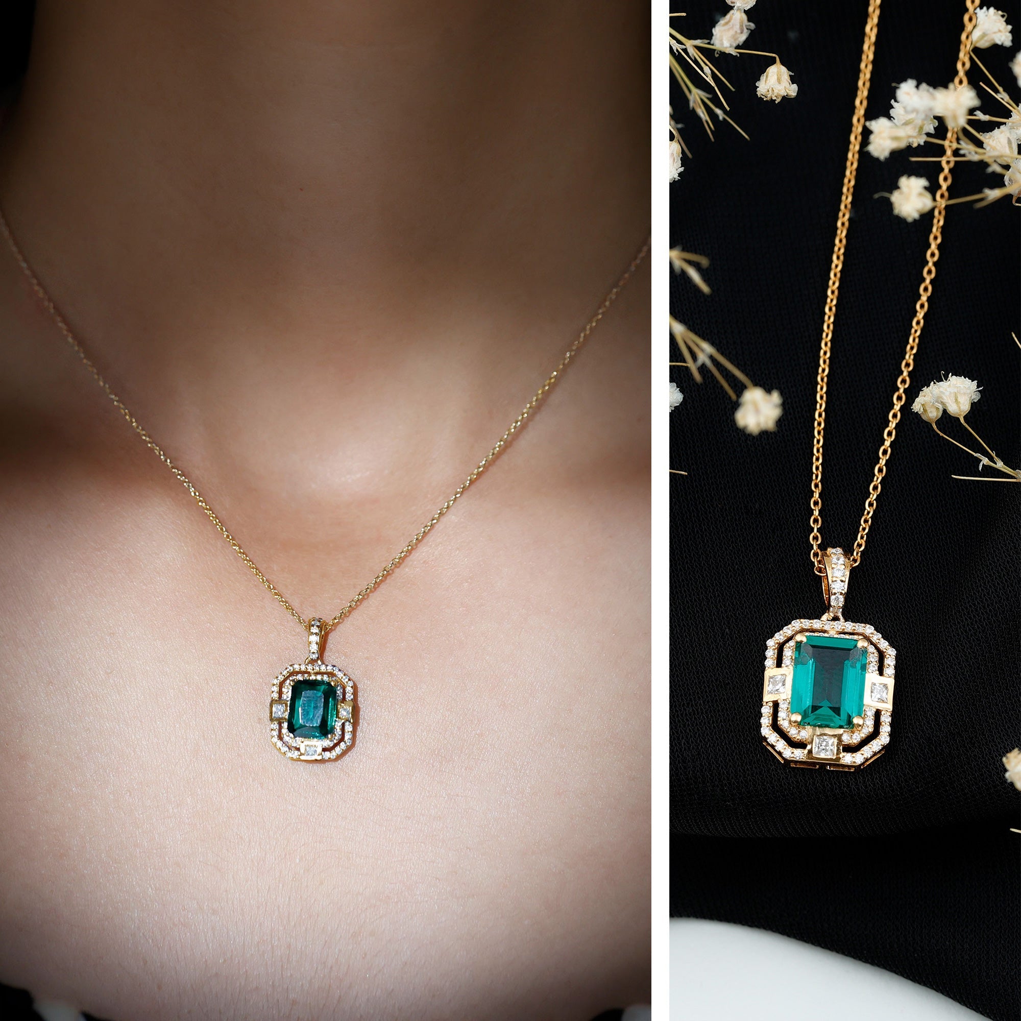 Lab Created Emerald Necklace – Octagon Cut Pendant With Double Halo Moissanite Sparkle