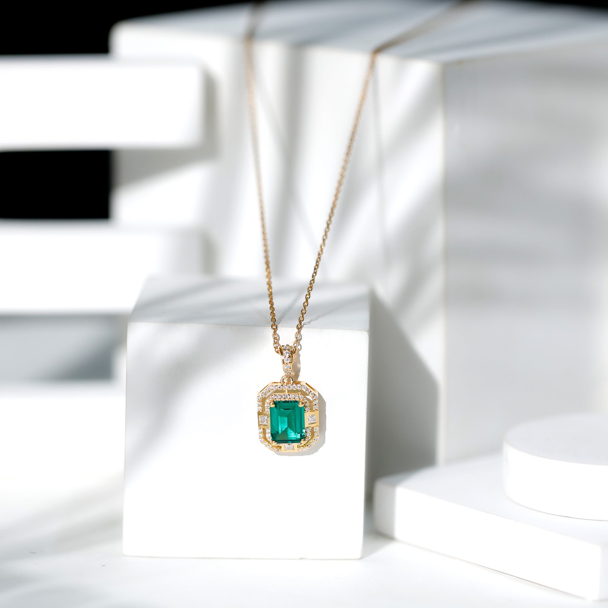 Lab Created Emerald Necklace – Octagon Cut Pendant With Double Halo Moissanite Sparkle