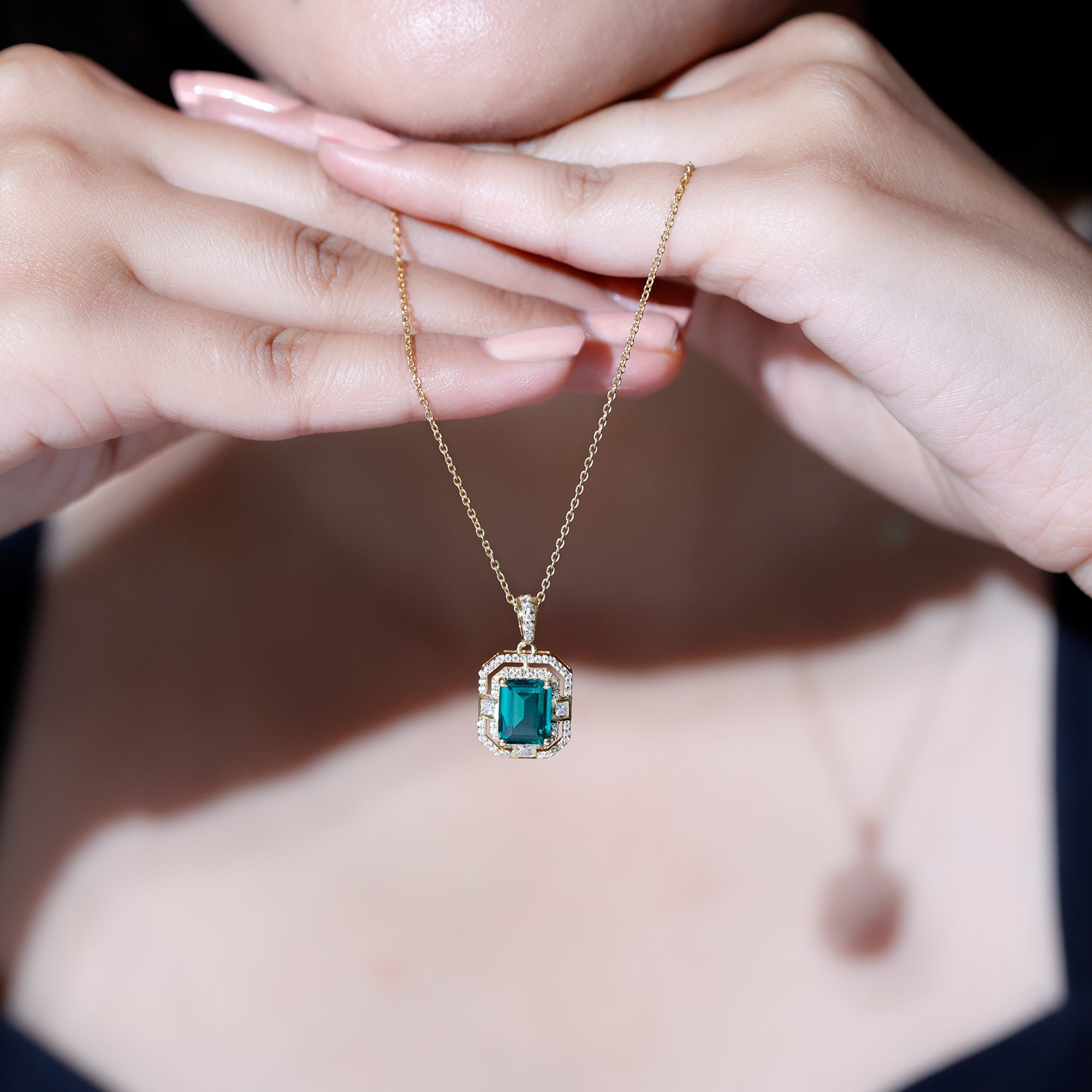 Lab Created Emerald Necklace – Octagon Cut Pendant With Double Halo Moissanite Sparkle