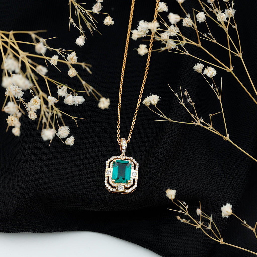 Lab Created Emerald Necklace – Octagon Cut Pendant With Double Halo Moissanite Sparkle