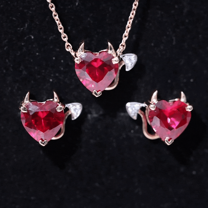Ruby Heart Necklace Lab Grown Ruby Jewelry Set – Diamond Stud Earrings & Pendant