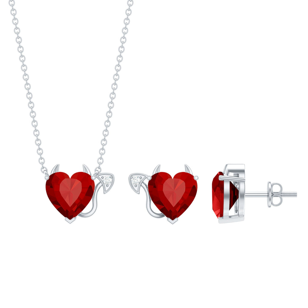 Ruby Heart Necklace Lab Grown Ruby Jewelry Set – Diamond Stud Earrings & Pendant