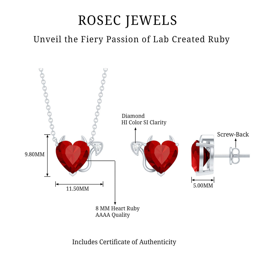 Ruby Heart Necklace Lab Grown Ruby Jewelry Set – Diamond Stud Earrings & Pendant