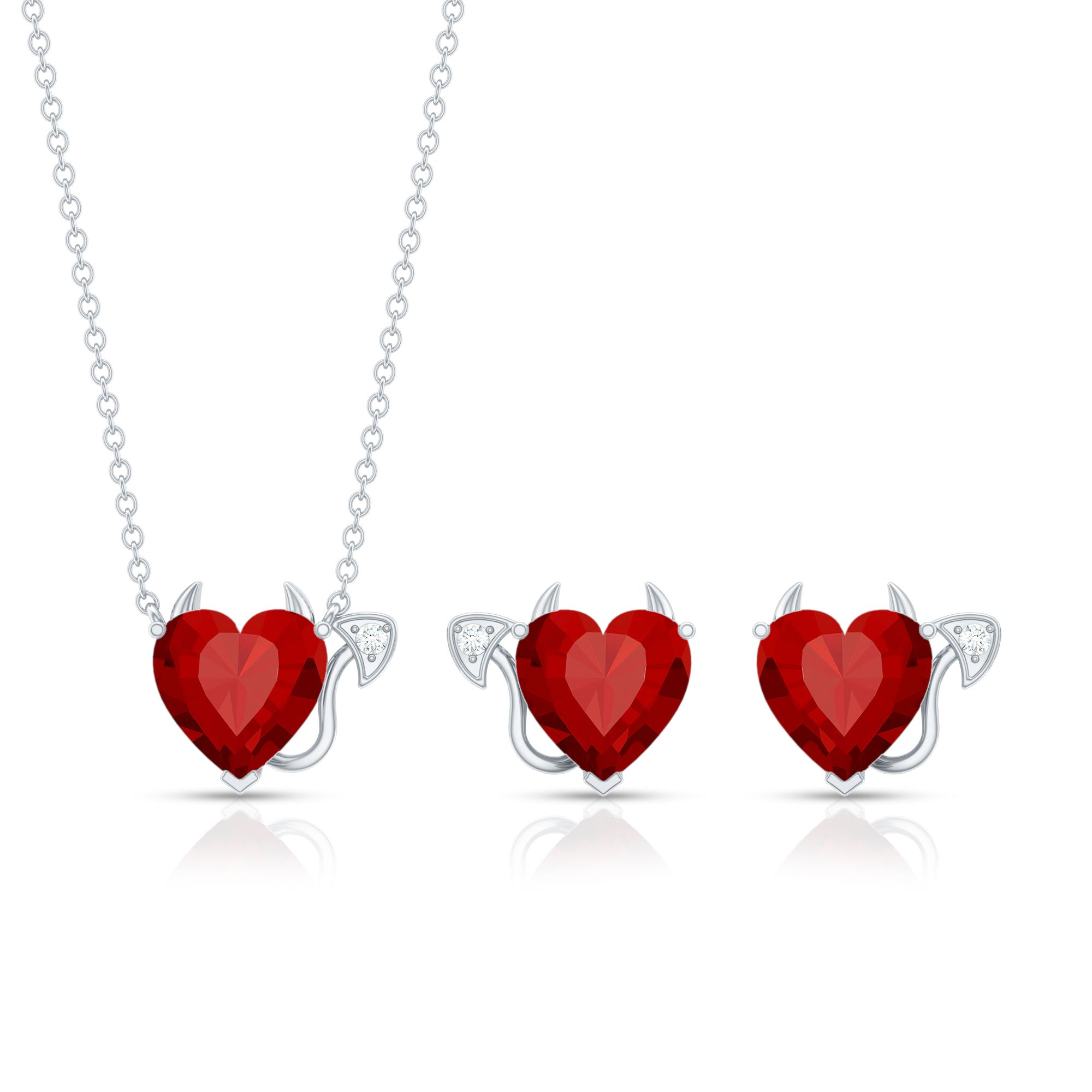 Ruby Heart Necklace Lab Grown Ruby Jewelry Set – Diamond Stud Earrings & Pendant