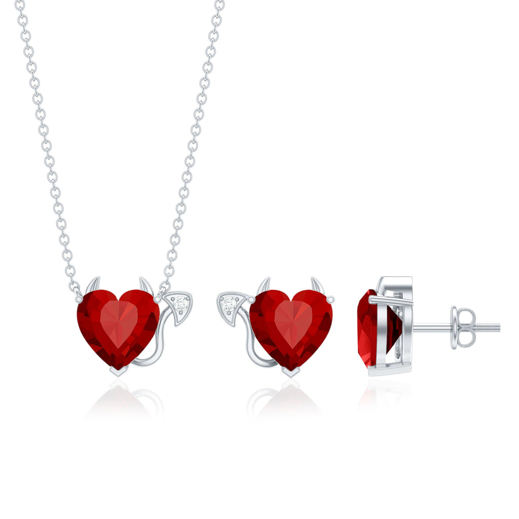 Ruby Heart Necklace Lab Grown Ruby Jewelry Set – Diamond Stud Earrings & Pendant