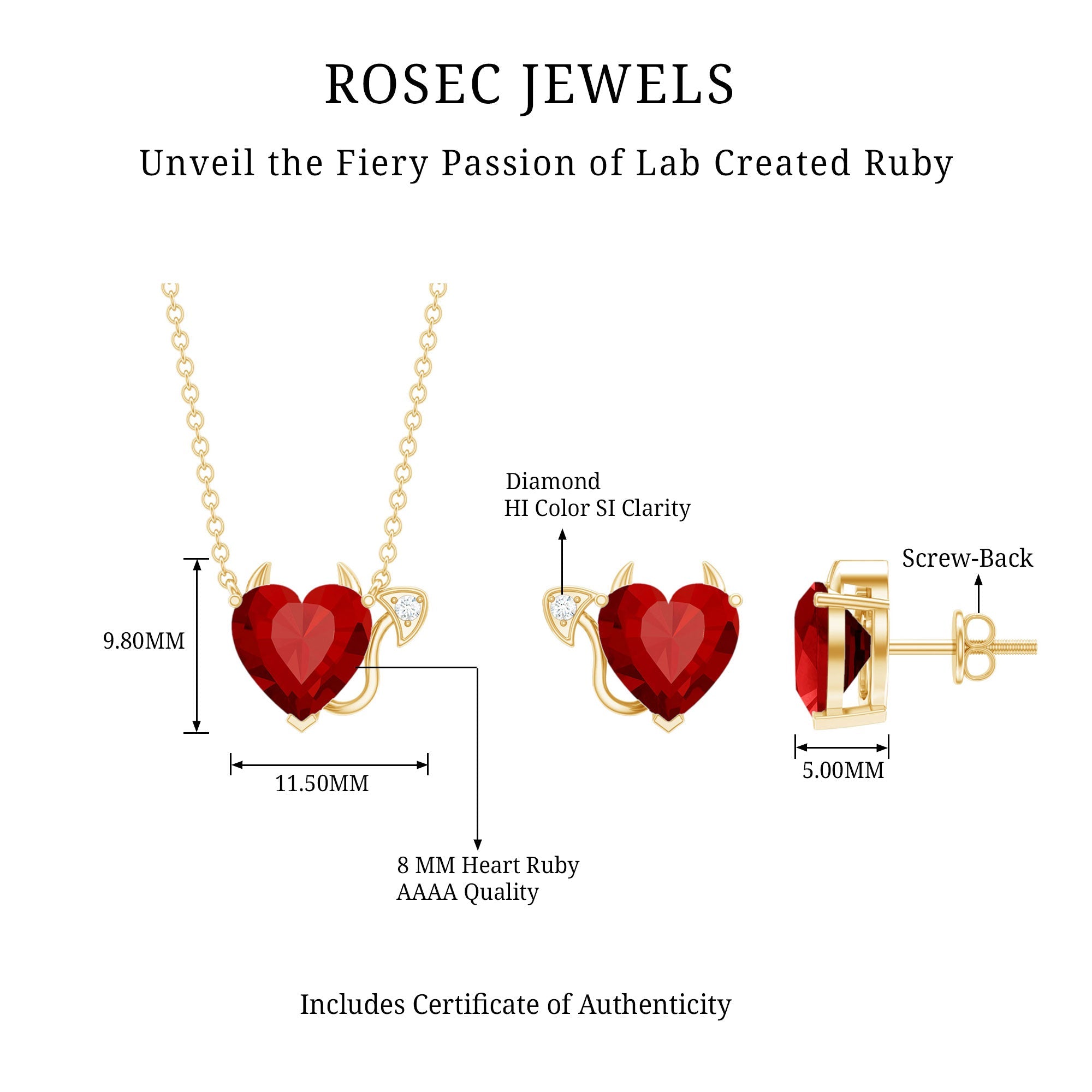 Ruby Heart Necklace Lab Grown Ruby Jewelry Set – Diamond Stud Earrings & Pendant