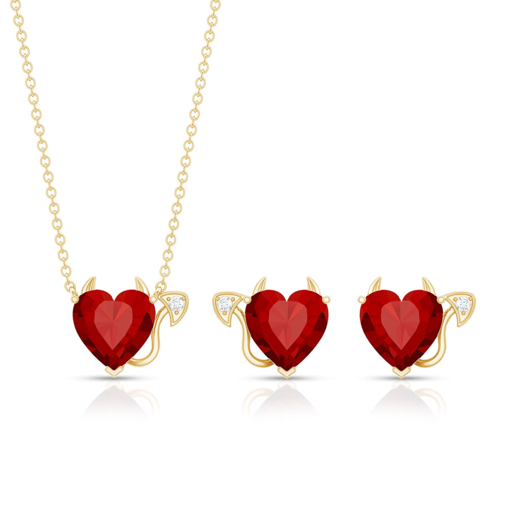Ruby Heart Necklace Lab Grown Ruby Jewelry Set – Diamond Stud Earrings & Pendant