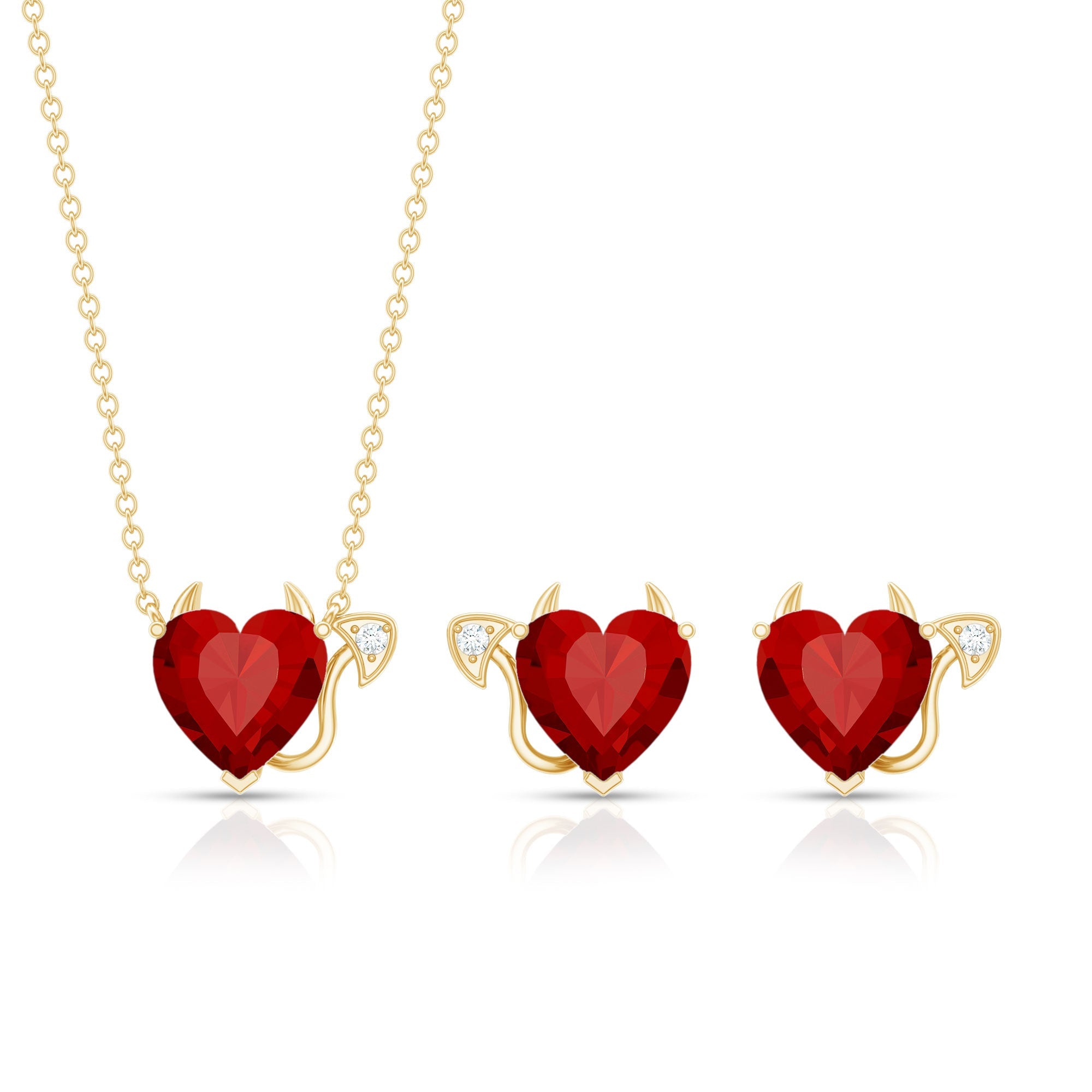 Ruby Heart Necklace Lab Grown Ruby Jewelry Set – Diamond Stud Earrings & Pendant