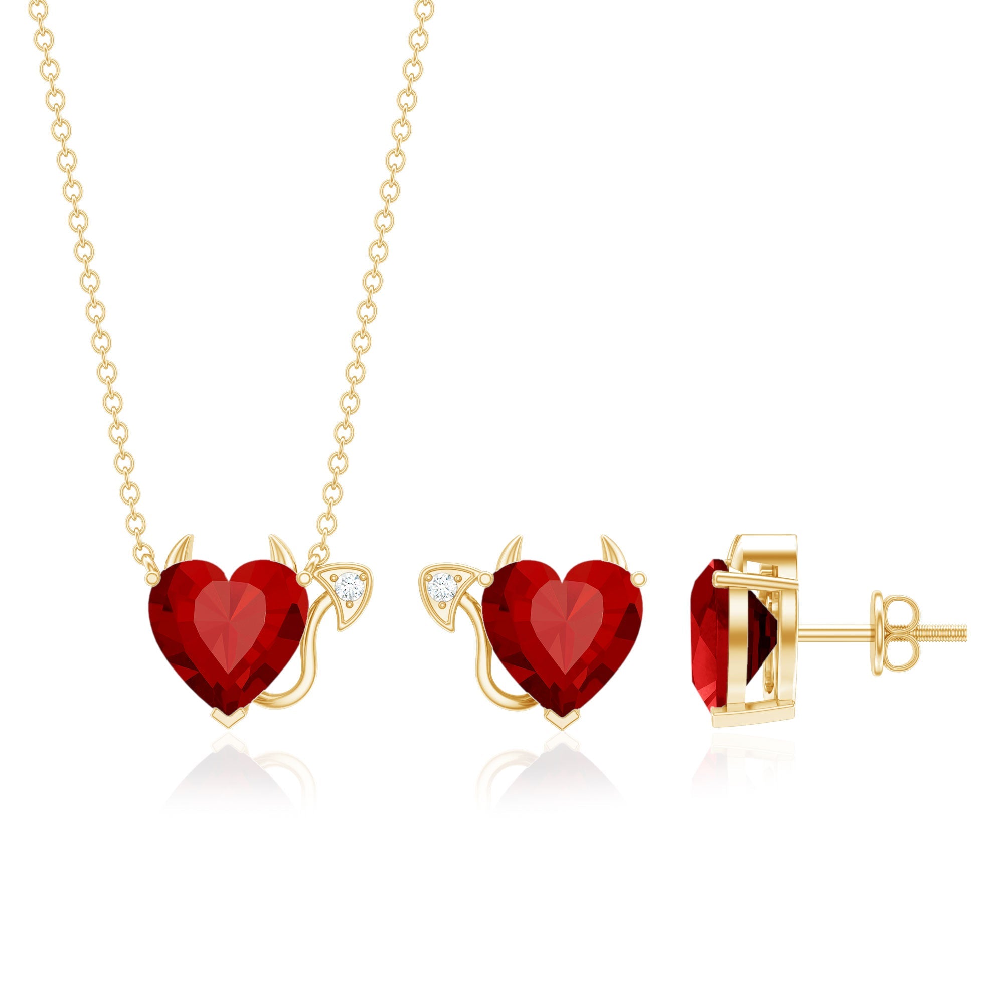 Ruby Heart Necklace Lab Grown Ruby Jewelry Set – Diamond Stud Earrings & Pendant