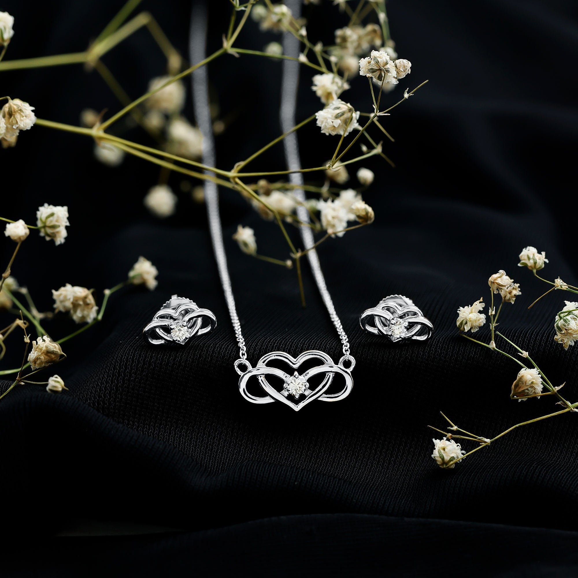 Diamond Infinity Heart Set - Round Cut Diamond Jewelry Set With Earrings