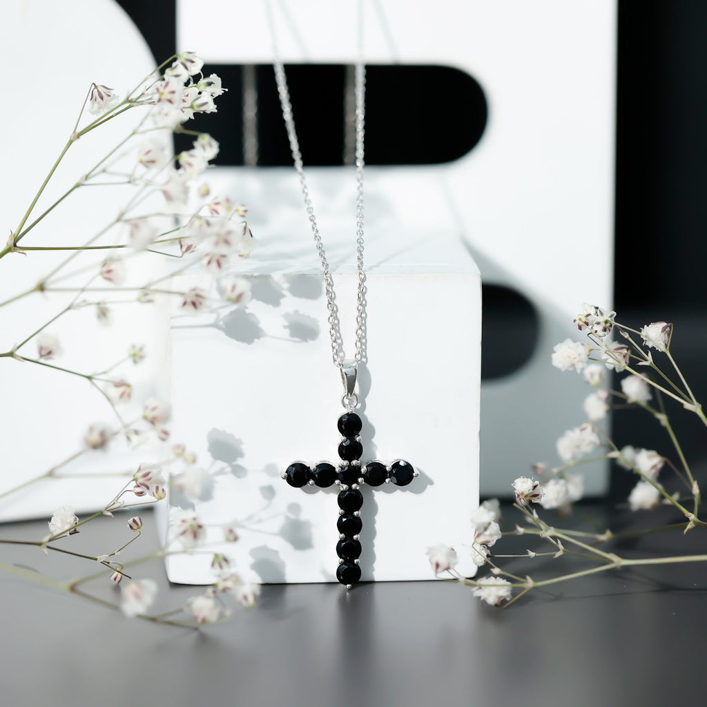 Certified Real Black Onyx Cross Pendant Necklace with Silver Chain