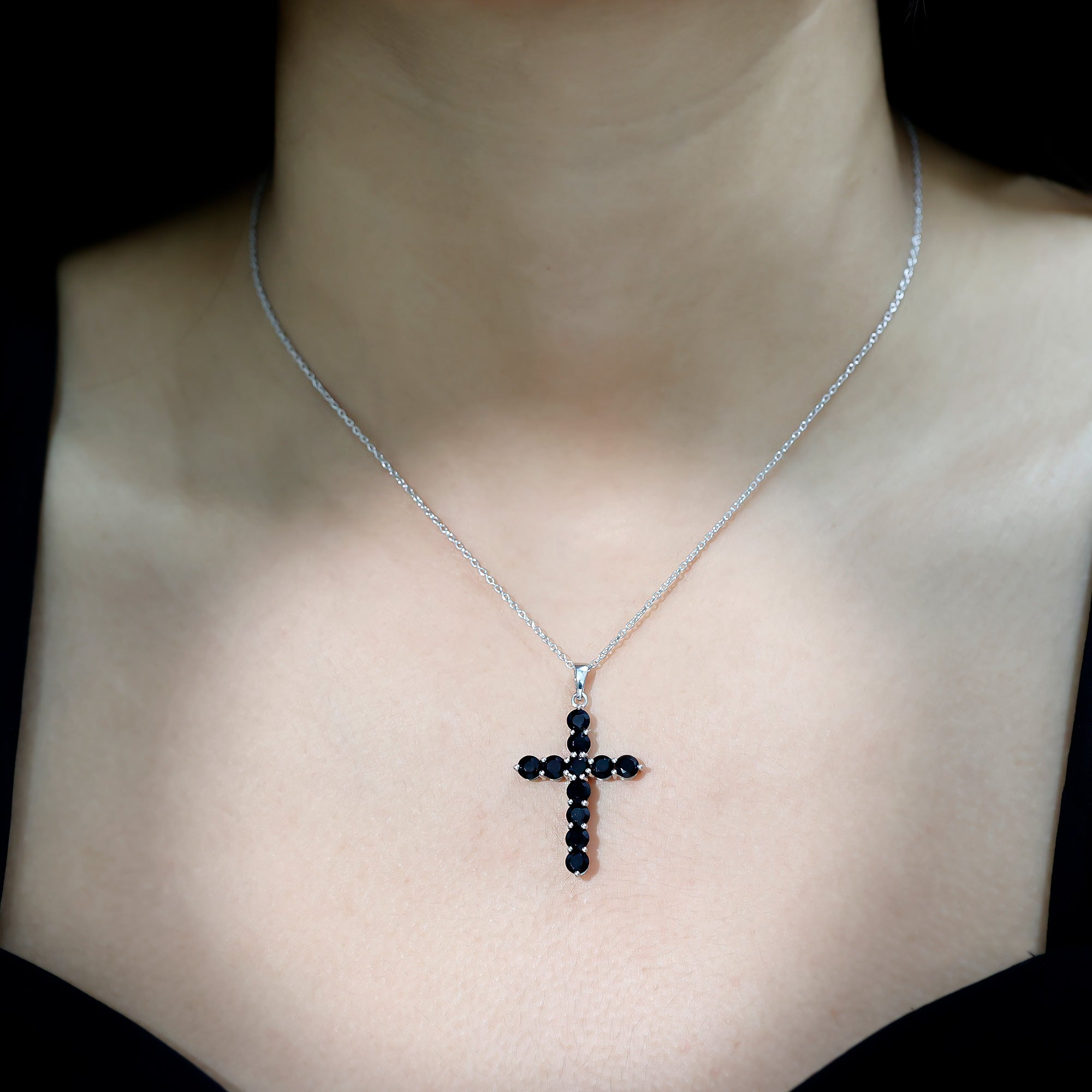 Certified Real Black Onyx Cross Pendant Necklace with Silver Chain