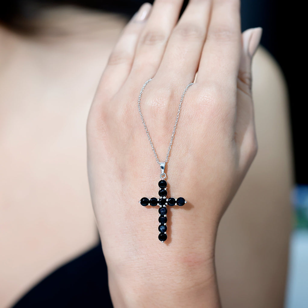 Certified Real Black Onyx Cross Pendant Necklace with Silver Chain