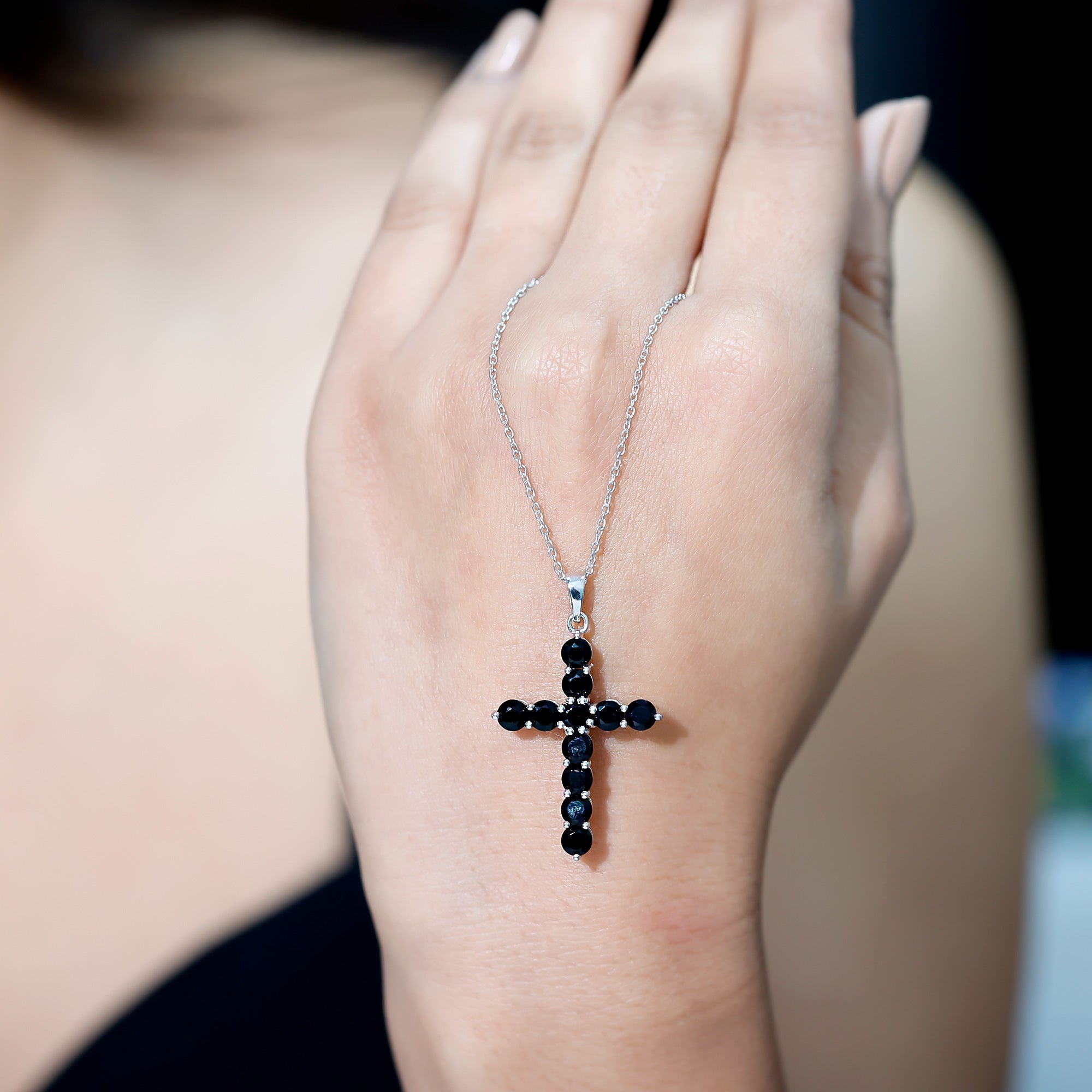 Certified Real Black Onyx Cross Pendant Necklace with Silver Chain