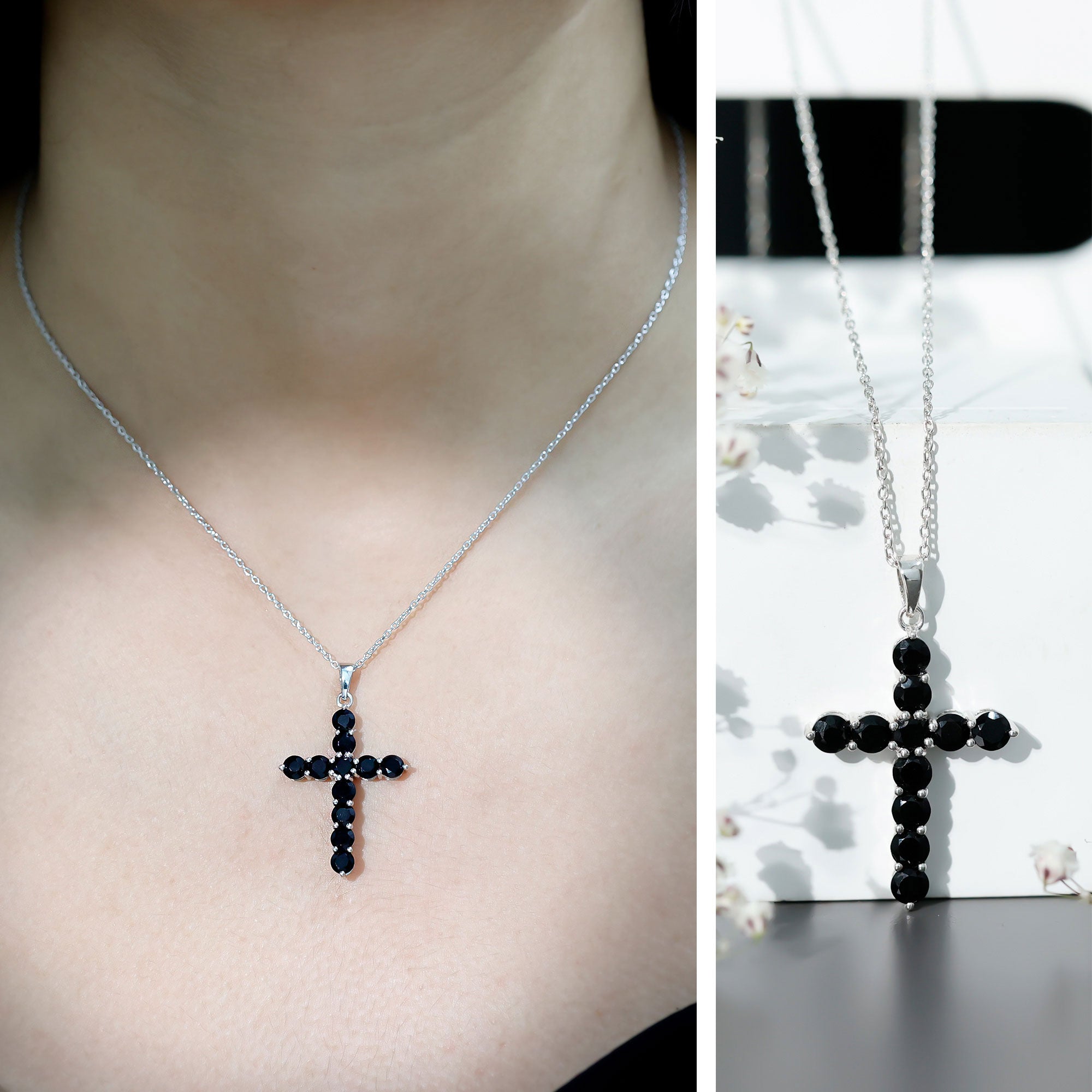 Certified Real Black Onyx Cross Pendant Necklace with Silver Chain