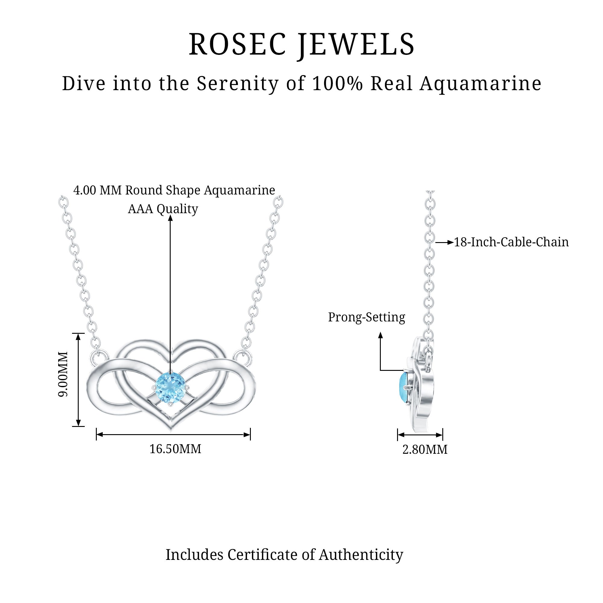 Aquamarine Infinity Necklace – Heart Pendant With AAA Quality Blue Gemstone