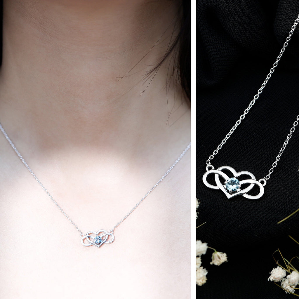 Aquamarine Infinity Necklace – Heart Pendant With AAA Quality Blue Gemstone