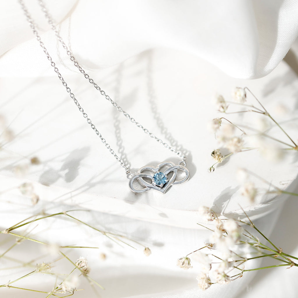 Aquamarine Infinity Necklace – Heart Pendant With AAA Quality Blue Gemstone