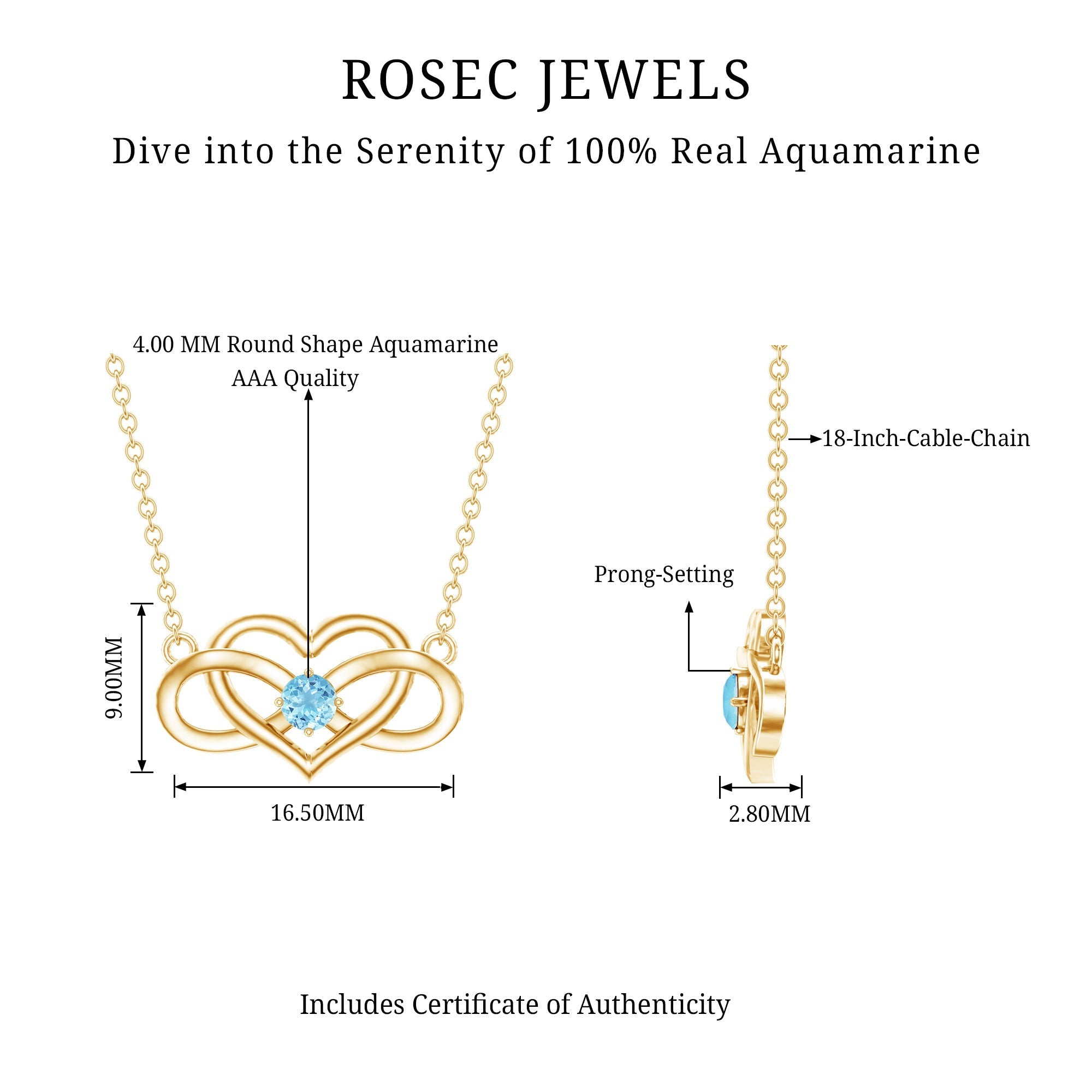 Aquamarine Infinity Necklace – Heart Pendant With AAA Quality Blue Gemstone