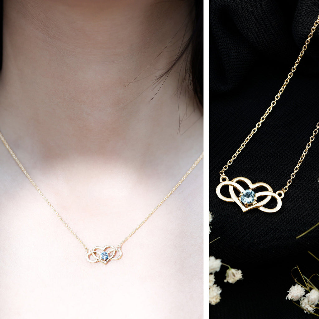 Aquamarine Infinity Necklace – Heart Pendant With AAA Quality Blue Gemstone