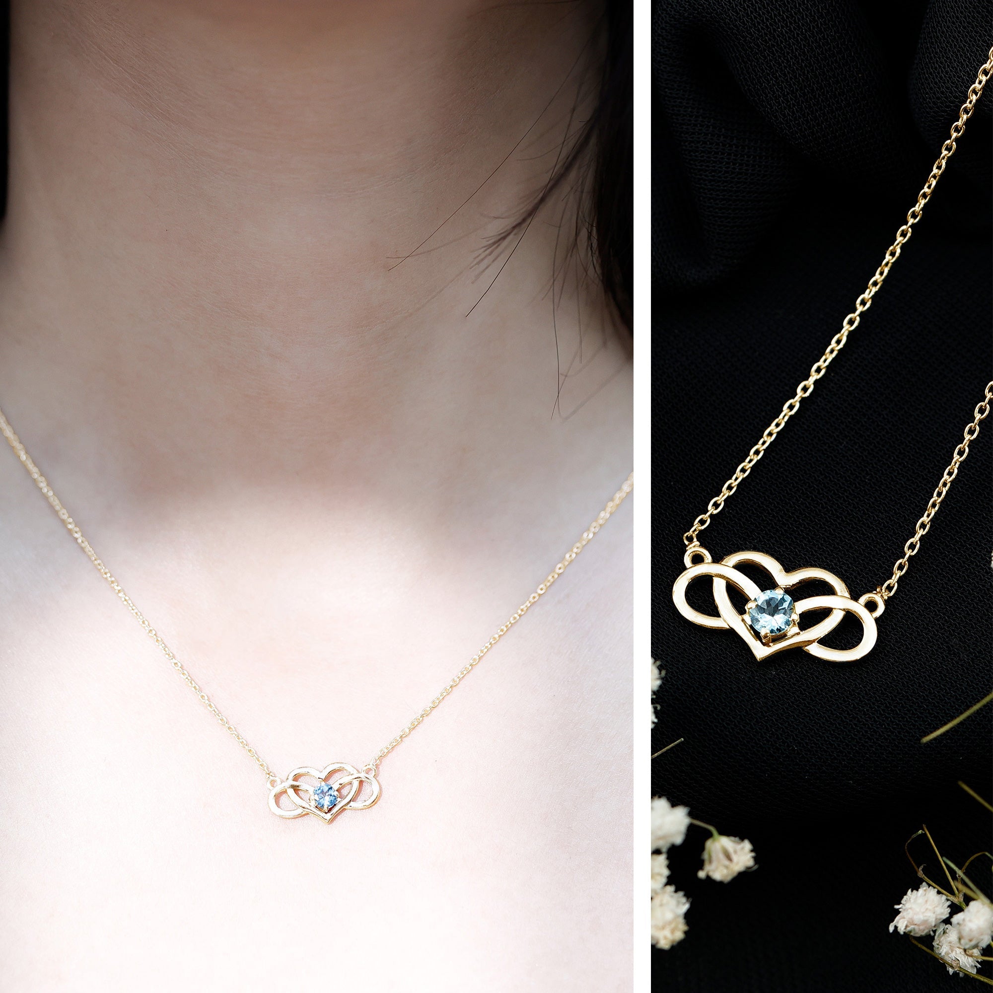 Aquamarine Infinity Necklace – Heart Pendant With AAA Quality Blue Gemstone