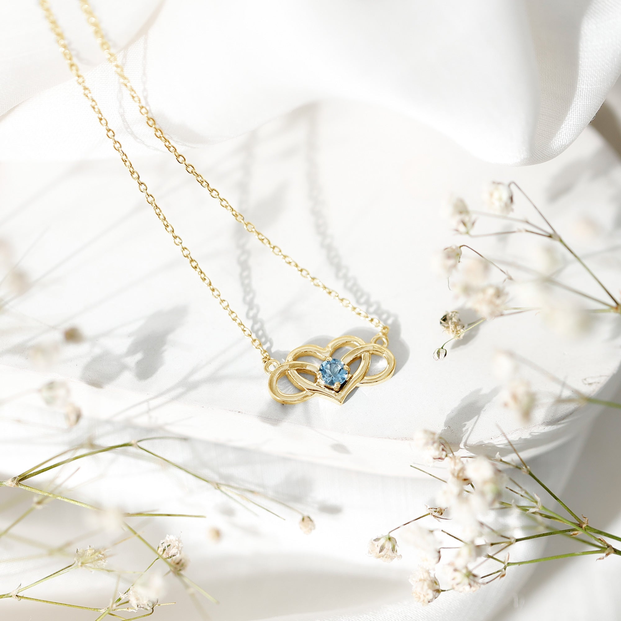 Aquamarine Infinity Necklace – Heart Pendant With AAA Quality Blue Gemstone