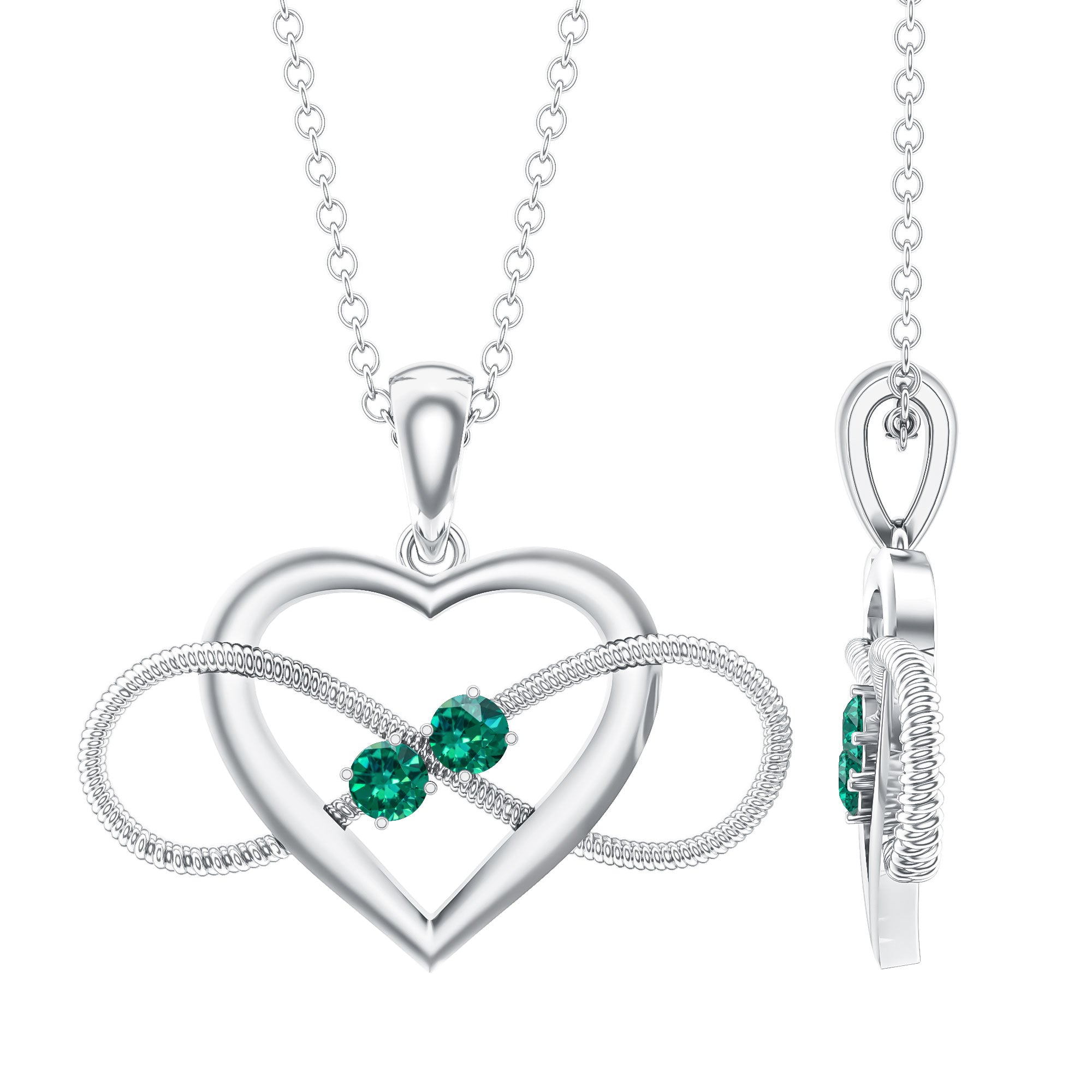 Emerald Pendant Necklace – Lab Created Infinity Heart Pendant with Round Cut Emeralds