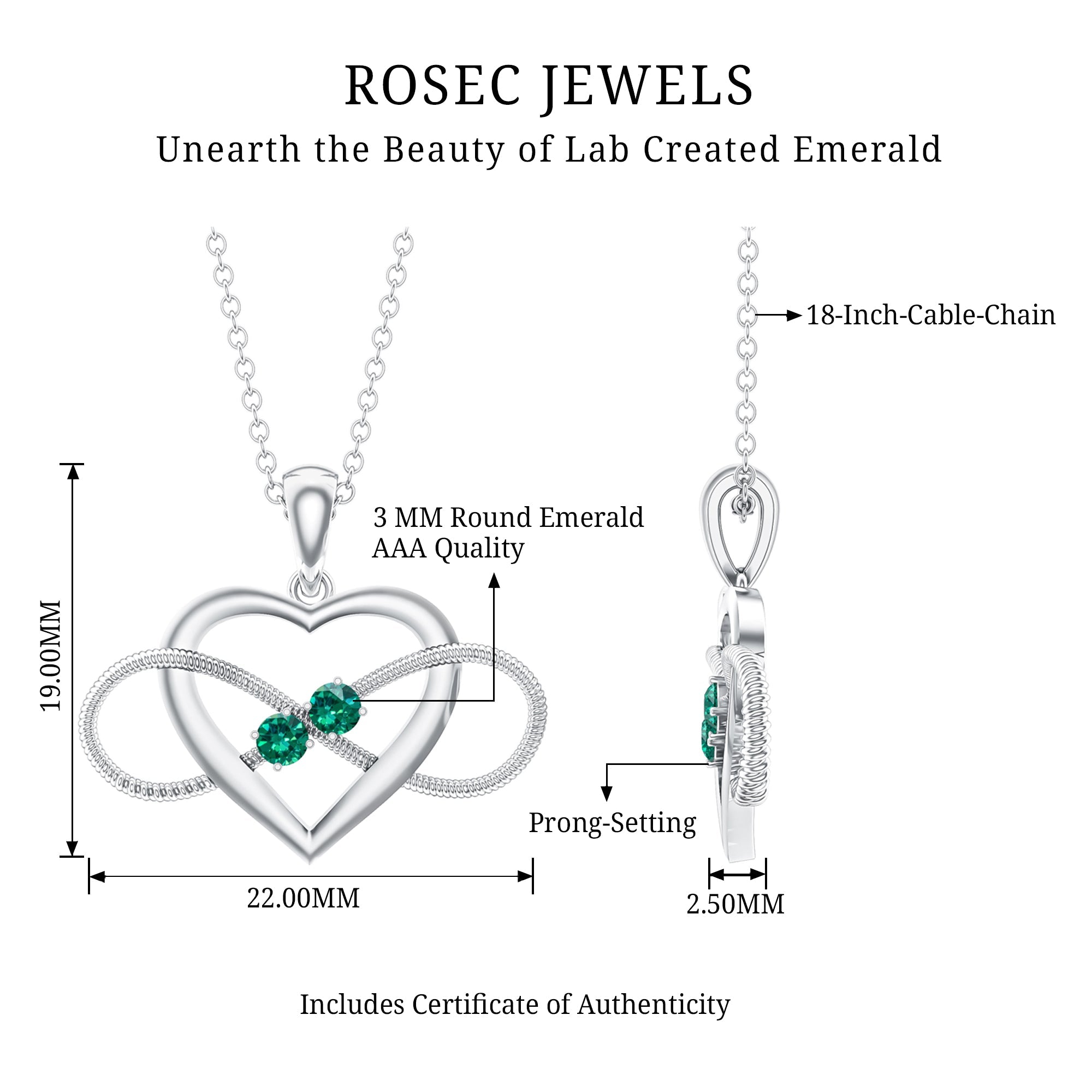 Emerald Pendant Necklace – Lab Created Infinity Heart Pendant with Round Cut Emeralds