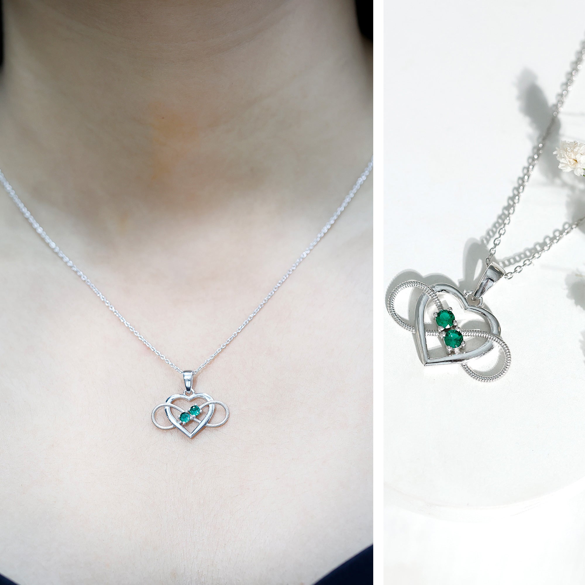 Emerald Pendant Necklace – Lab Created Infinity Heart Pendant with Round Cut Emeralds