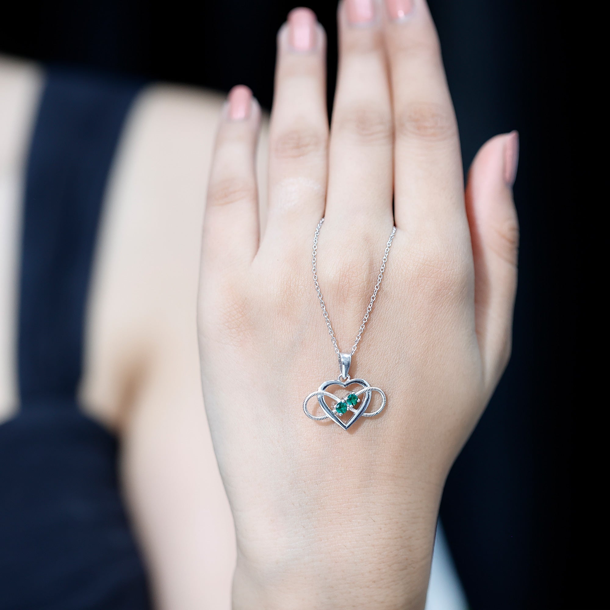 Emerald Pendant Necklace – Lab Created Infinity Heart Pendant with Round Cut Emeralds
