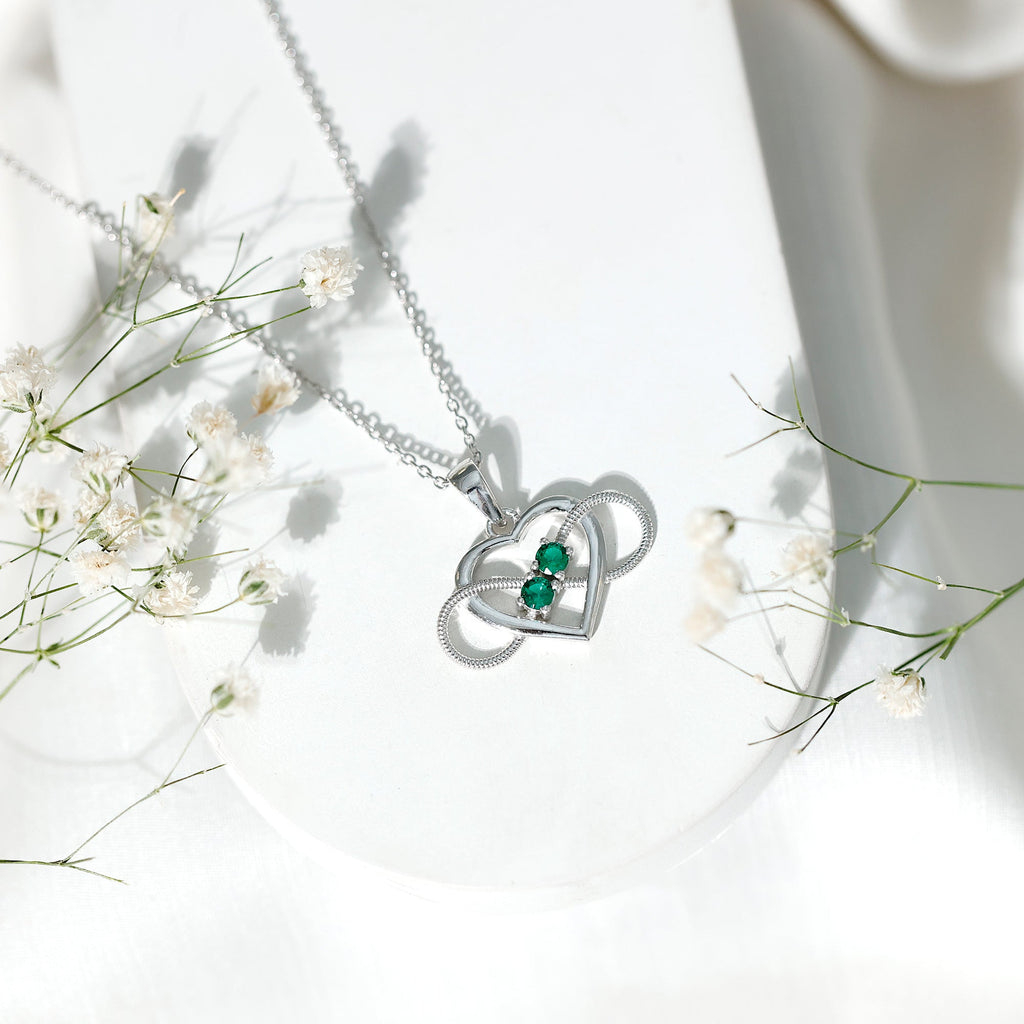 Emerald Pendant Necklace – Lab Created Infinity Heart Pendant with Round Cut Emeralds