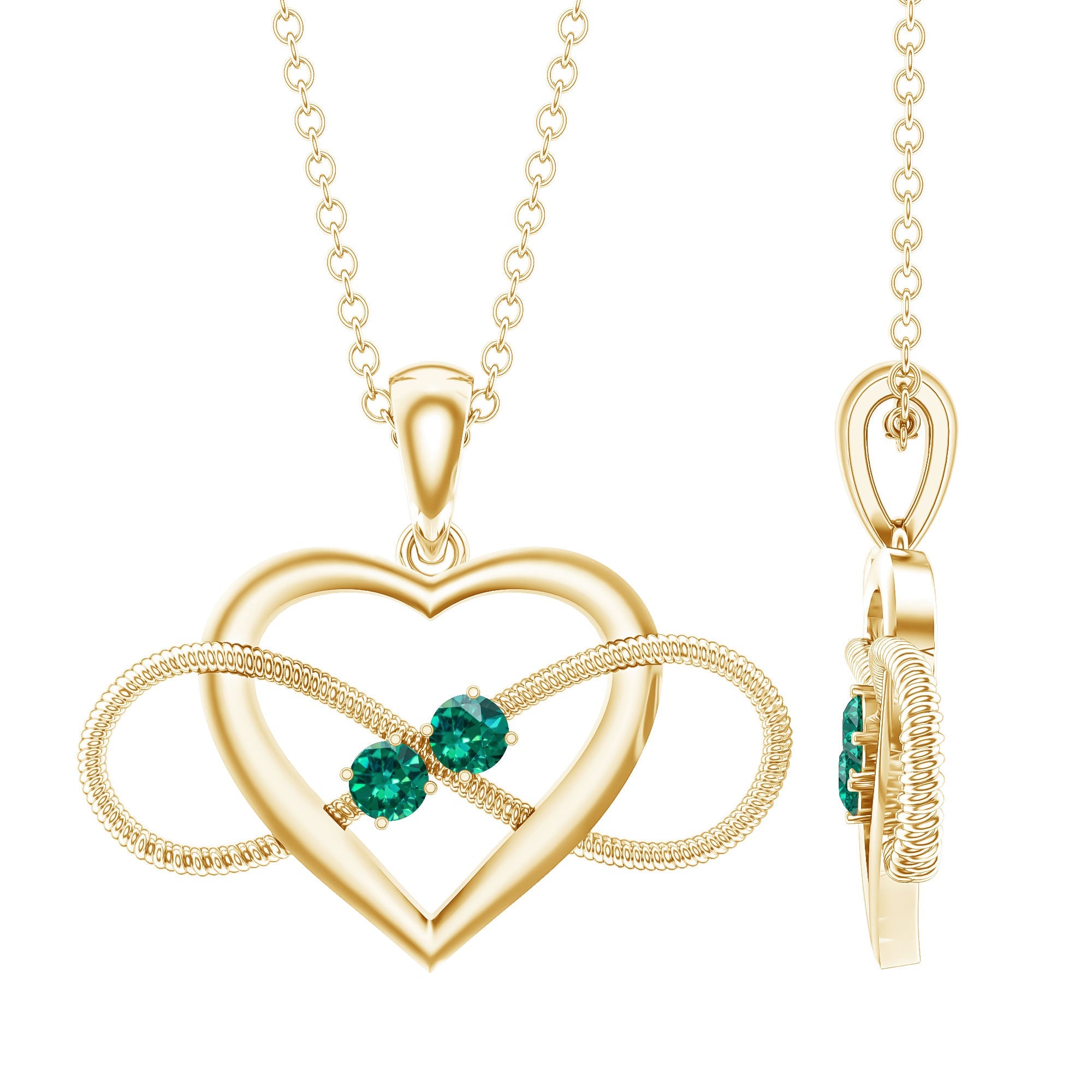 Emerald Pendant Necklace – Lab Created Infinity Heart Pendant with Round Cut Emeralds