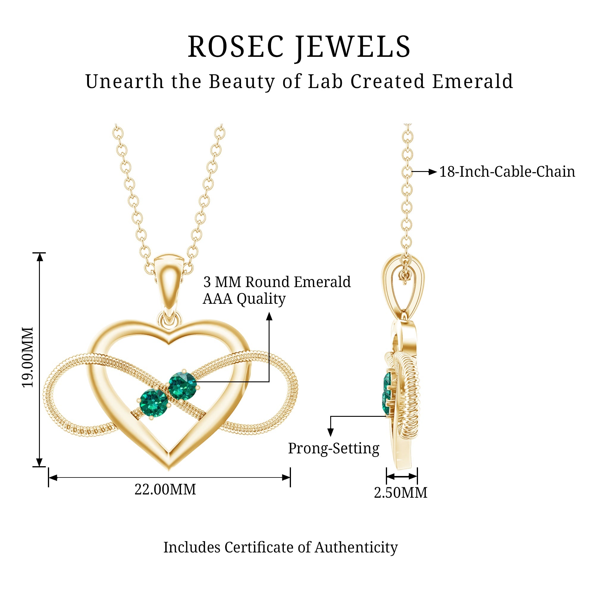 Emerald Pendant Necklace – Lab Created Infinity Heart Pendant with Round Cut Emeralds