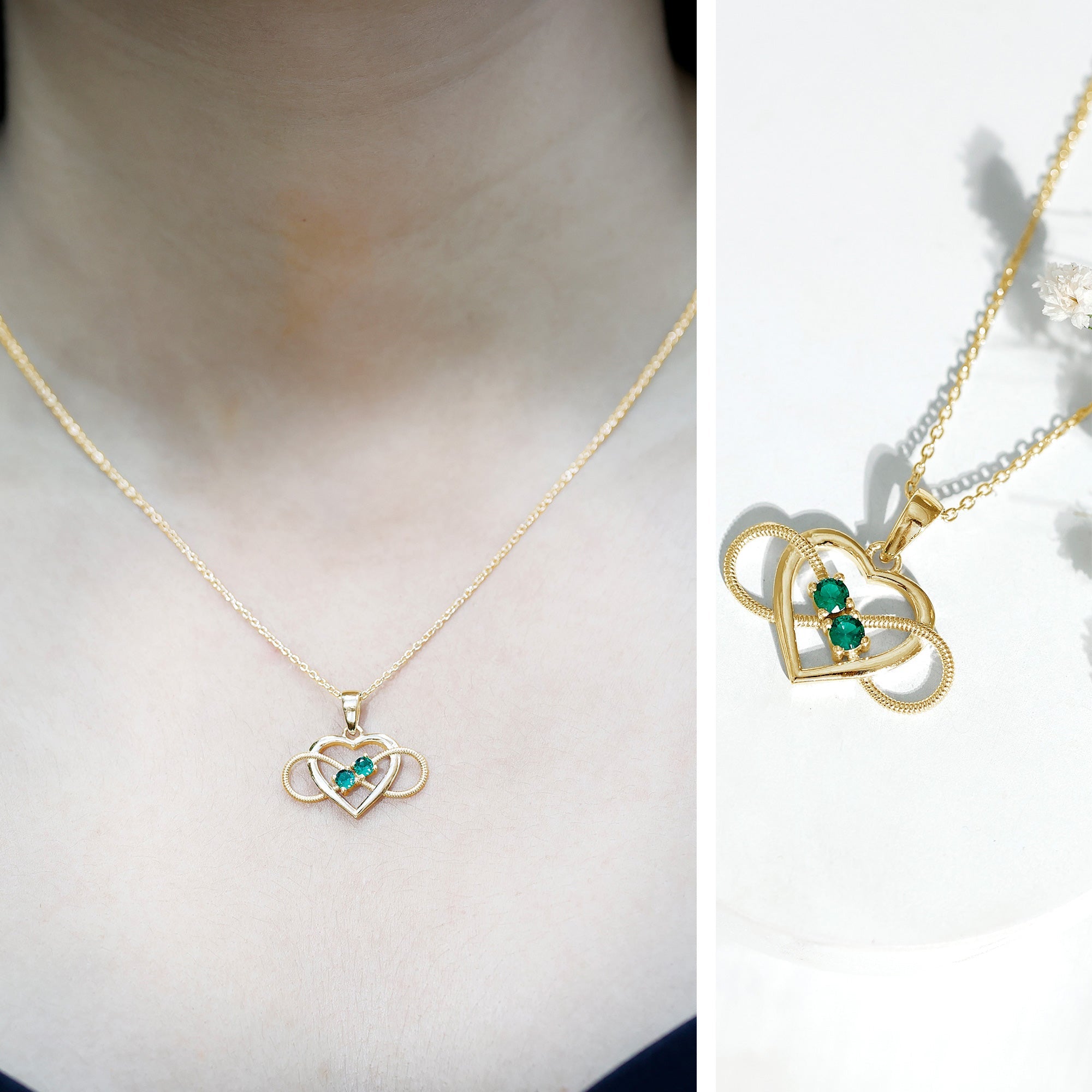 Emerald Pendant Necklace – Lab Created Infinity Heart Pendant with Round Cut Emeralds