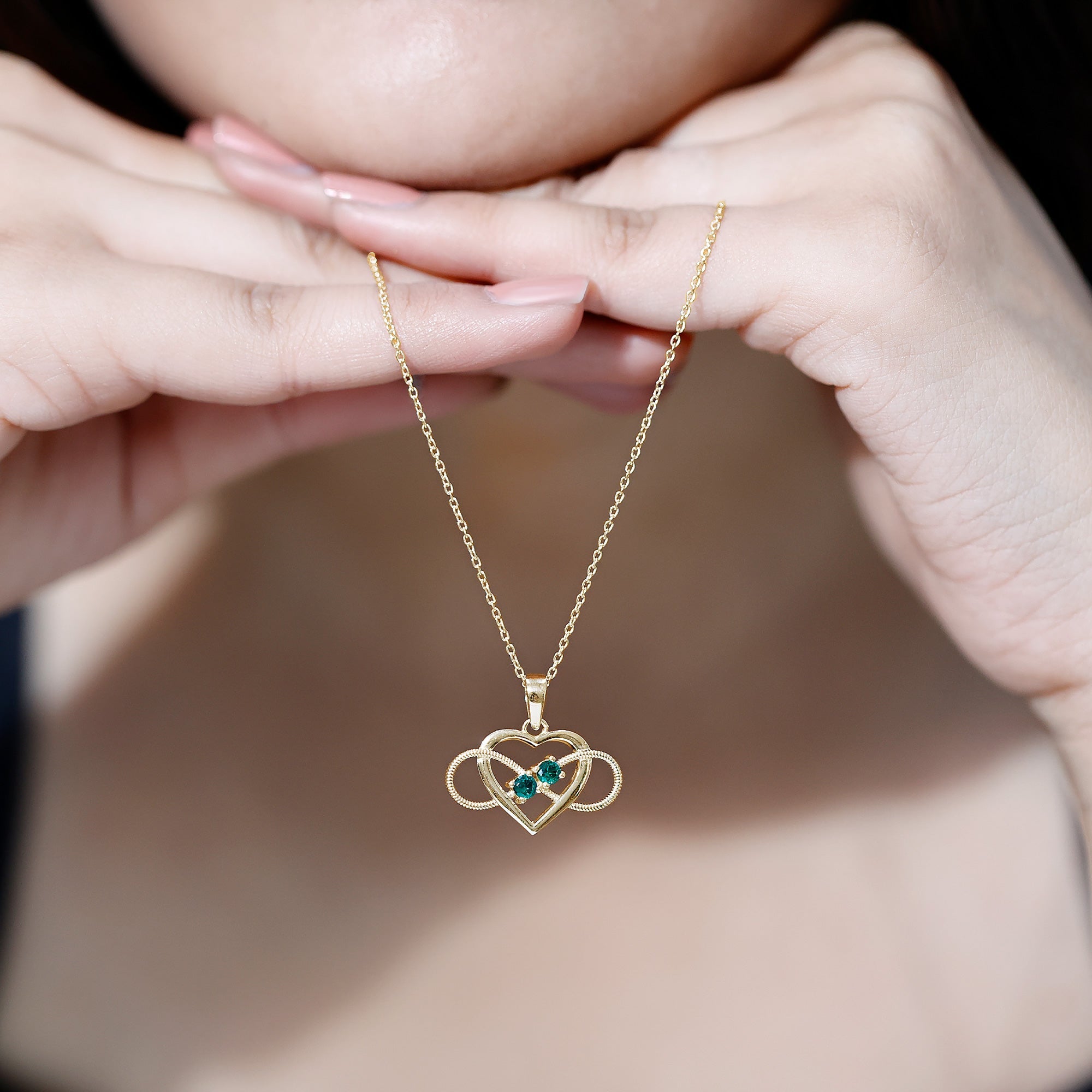 Emerald Pendant Necklace – Lab Created Infinity Heart Pendant with Round Cut Emeralds