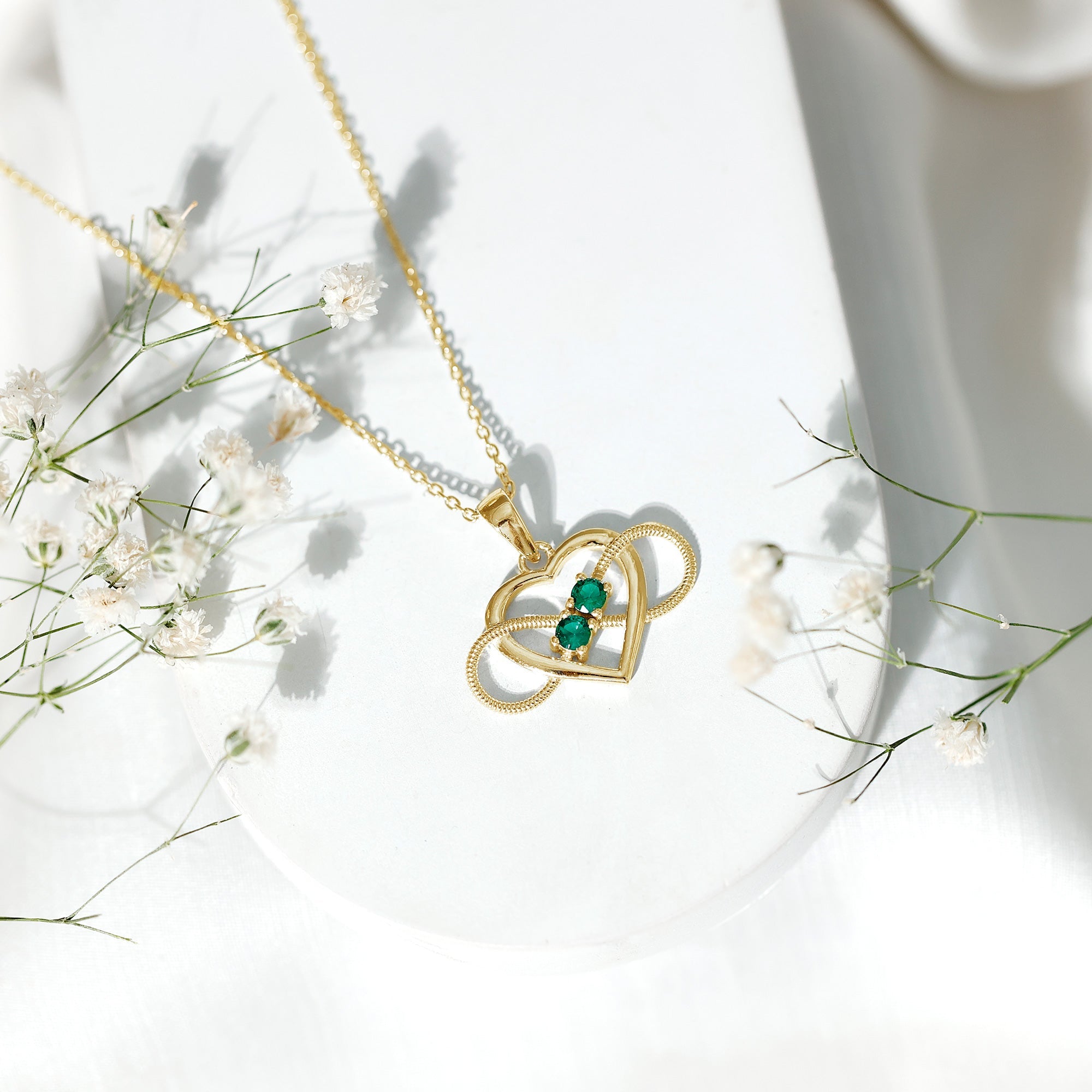 Emerald Pendant Necklace – Lab Created Infinity Heart Pendant with Round Cut Emeralds