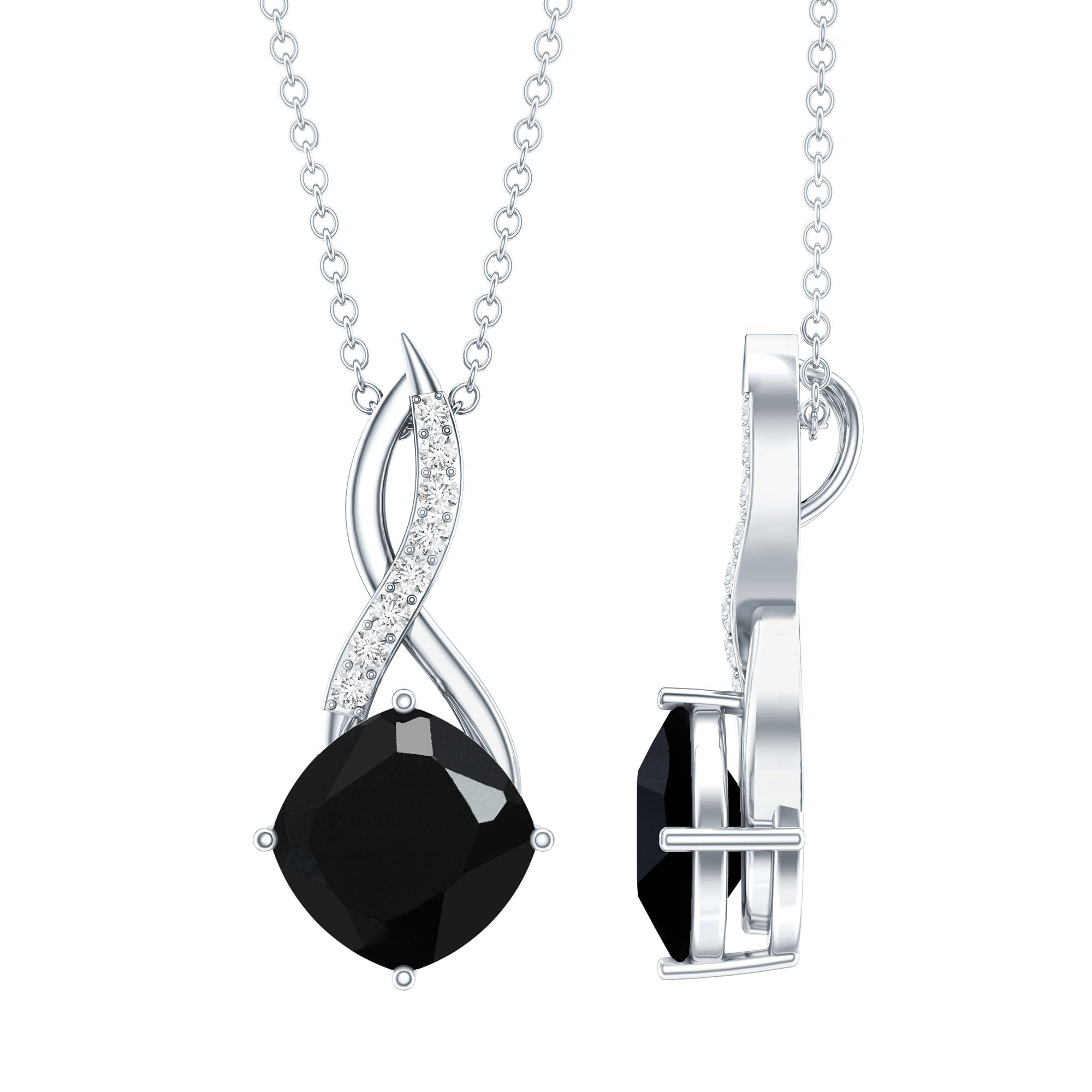Cushion Cut Black Onyx Solitaire Infinity Necklace with Lab Diamond