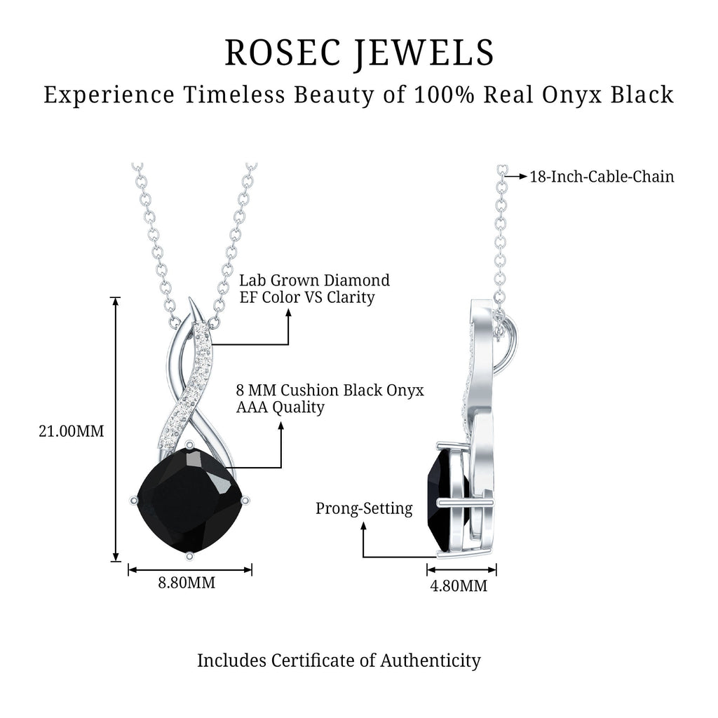 Cushion Cut Black Onyx Solitaire Infinity Necklace with Lab Diamond