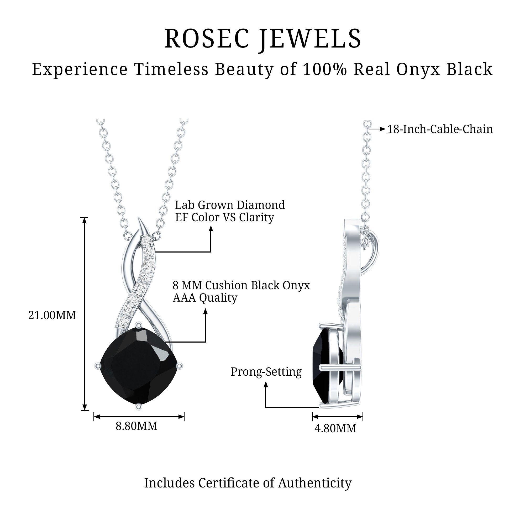 Cushion Cut Black Onyx Solitaire Infinity Necklace with Lab Diamond