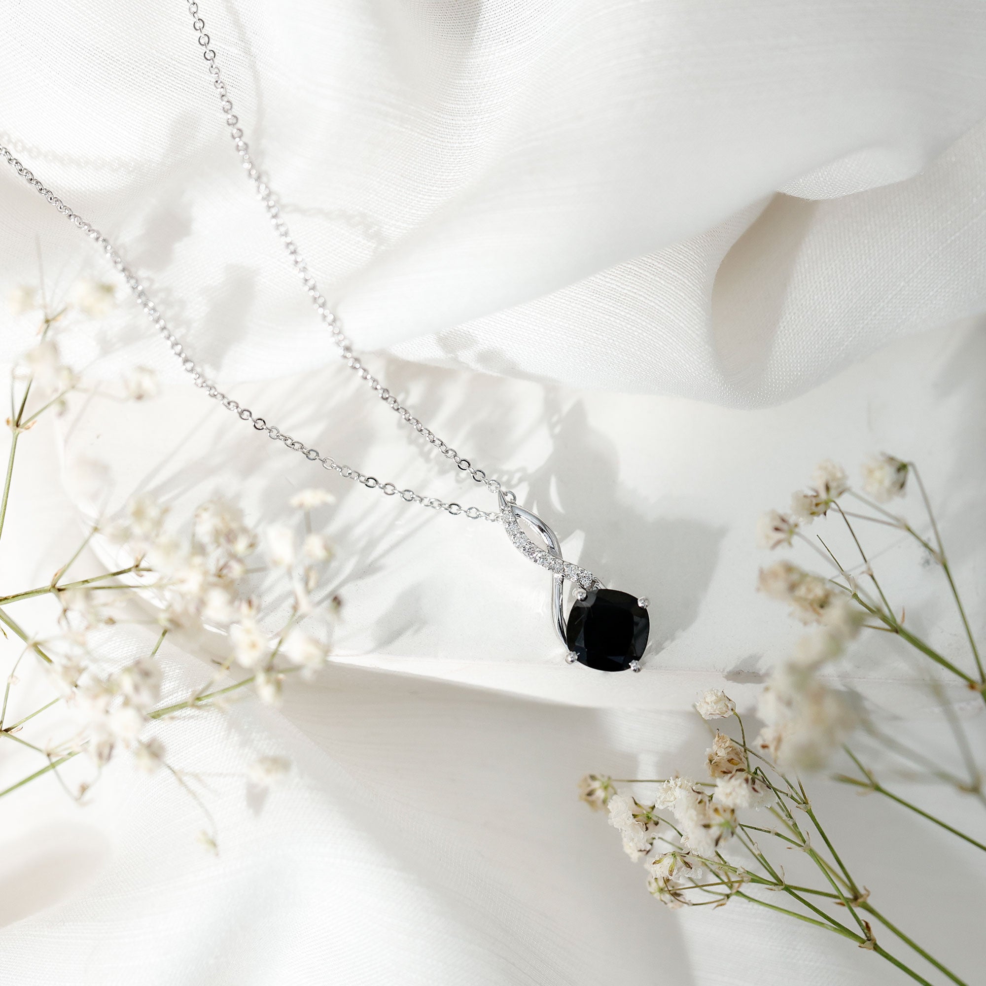 Cushion Cut Black Onyx Solitaire Infinity Necklace with Lab Diamond