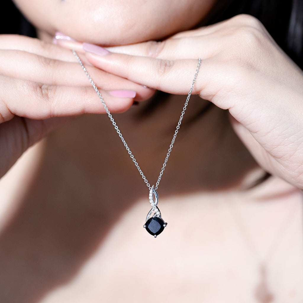 Cushion Cut Black Onyx Solitaire Infinity Necklace with Lab Diamond