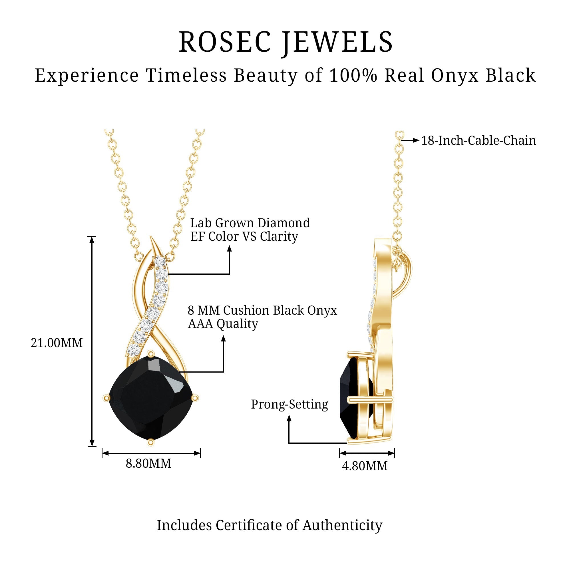 Cushion Cut Black Onyx Solitaire Infinity Necklace with Lab Diamond