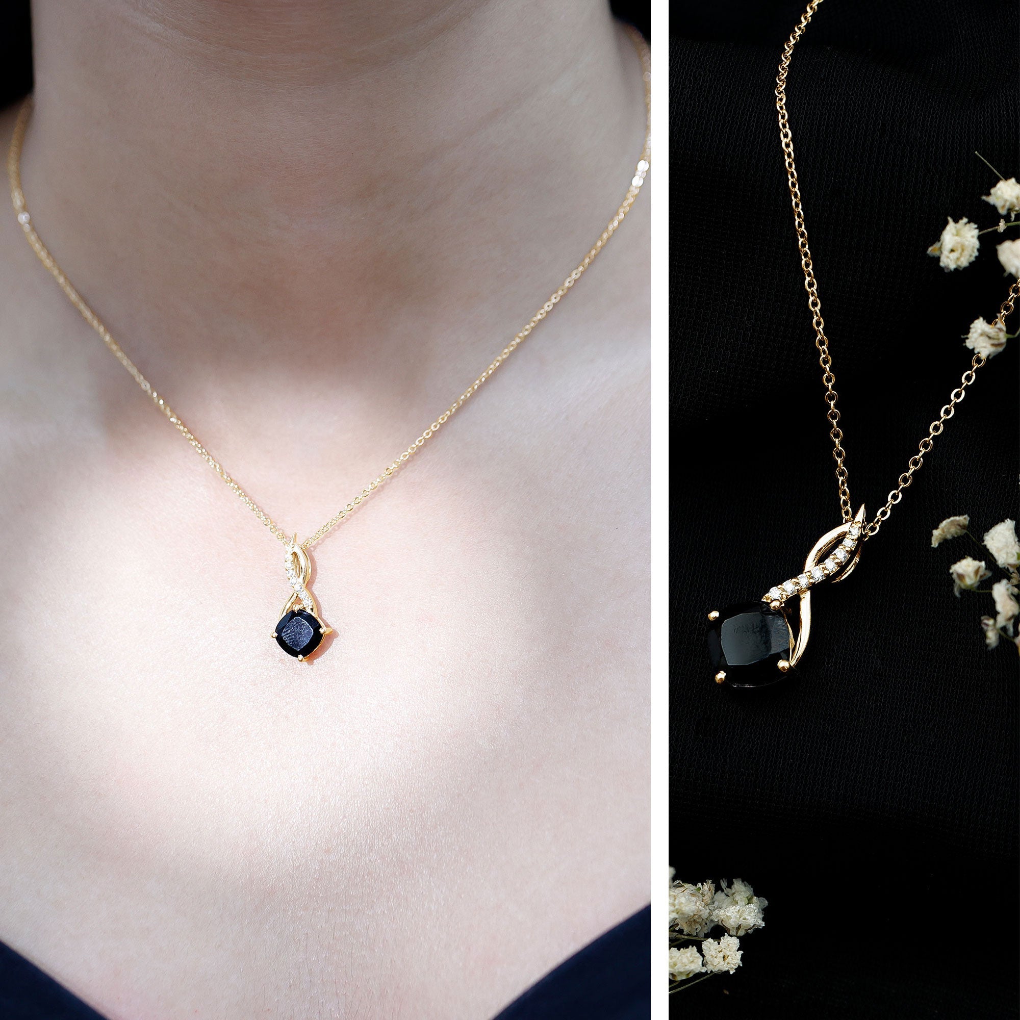 Cushion Cut Black Onyx Solitaire Infinity Necklace with Lab Diamond