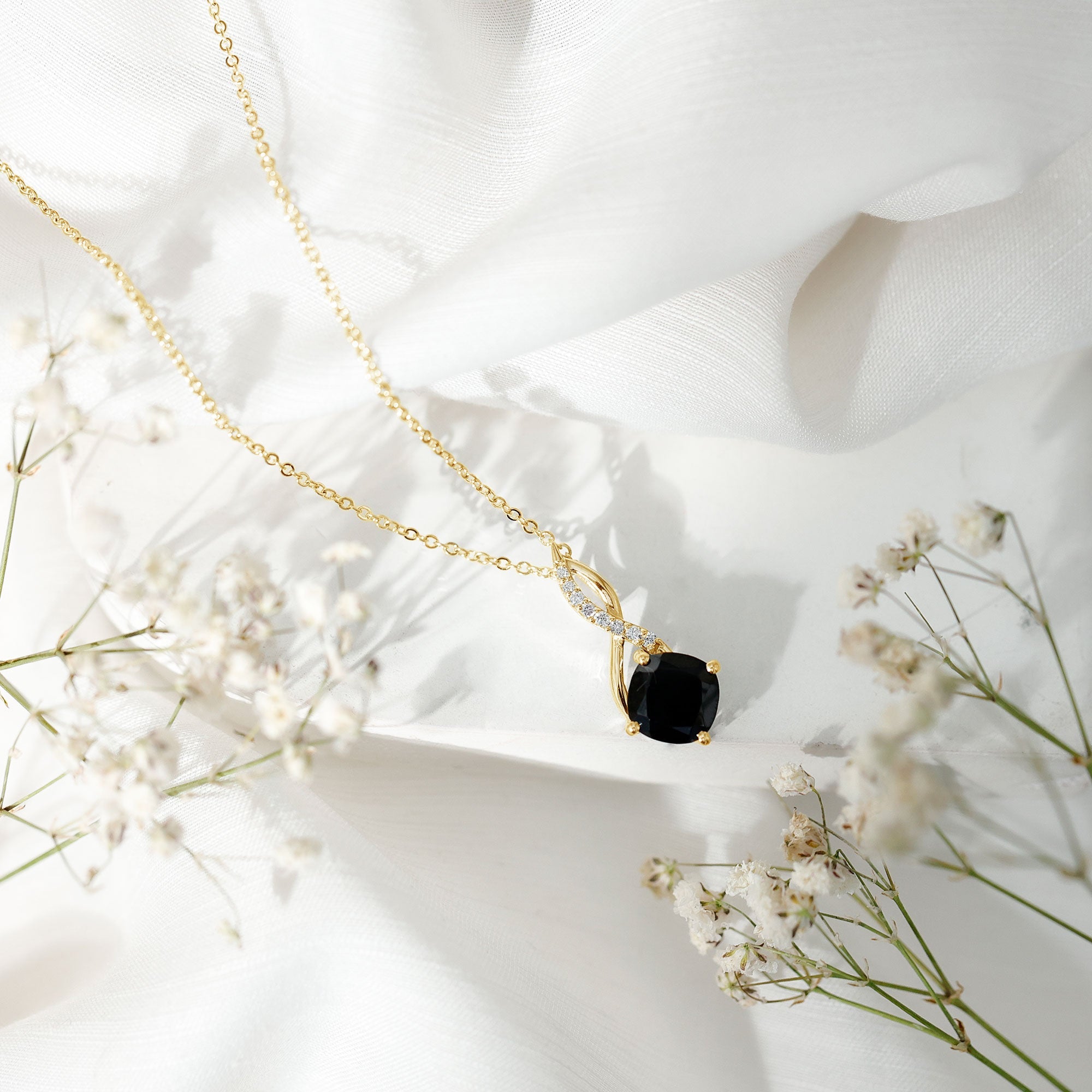 Cushion Cut Black Onyx Solitaire Infinity Necklace with Lab Diamond