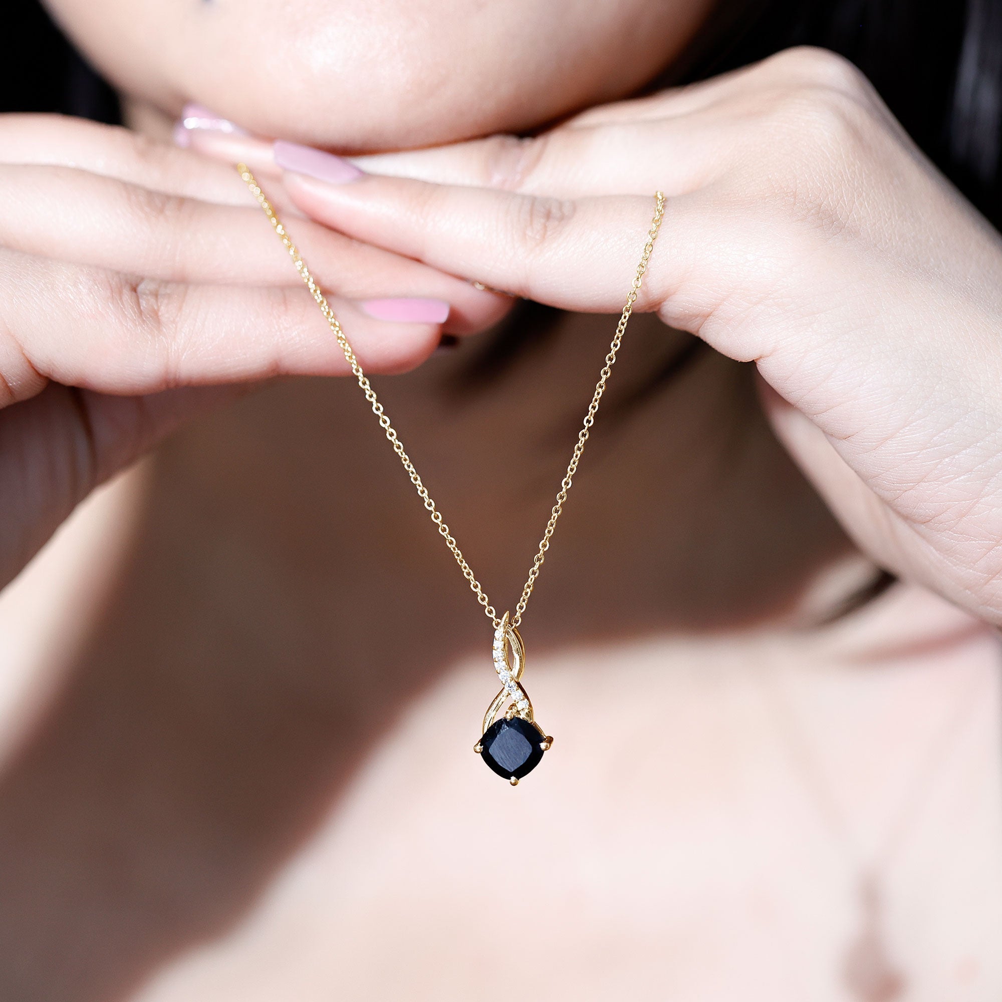 Cushion Cut Black Onyx Solitaire Infinity Necklace with Lab Diamond