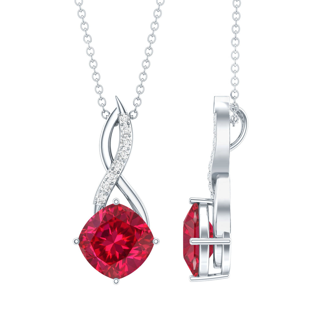 Cushion Cut Created Ruby Solitaire Infinity Pendant with Diamond