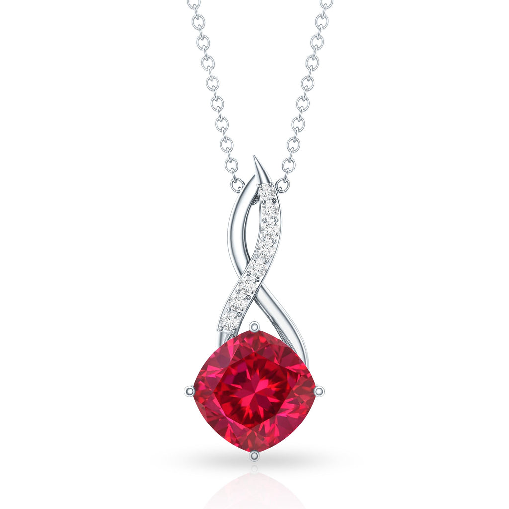 Cushion Cut Created Ruby Solitaire Infinity Pendant with Diamond