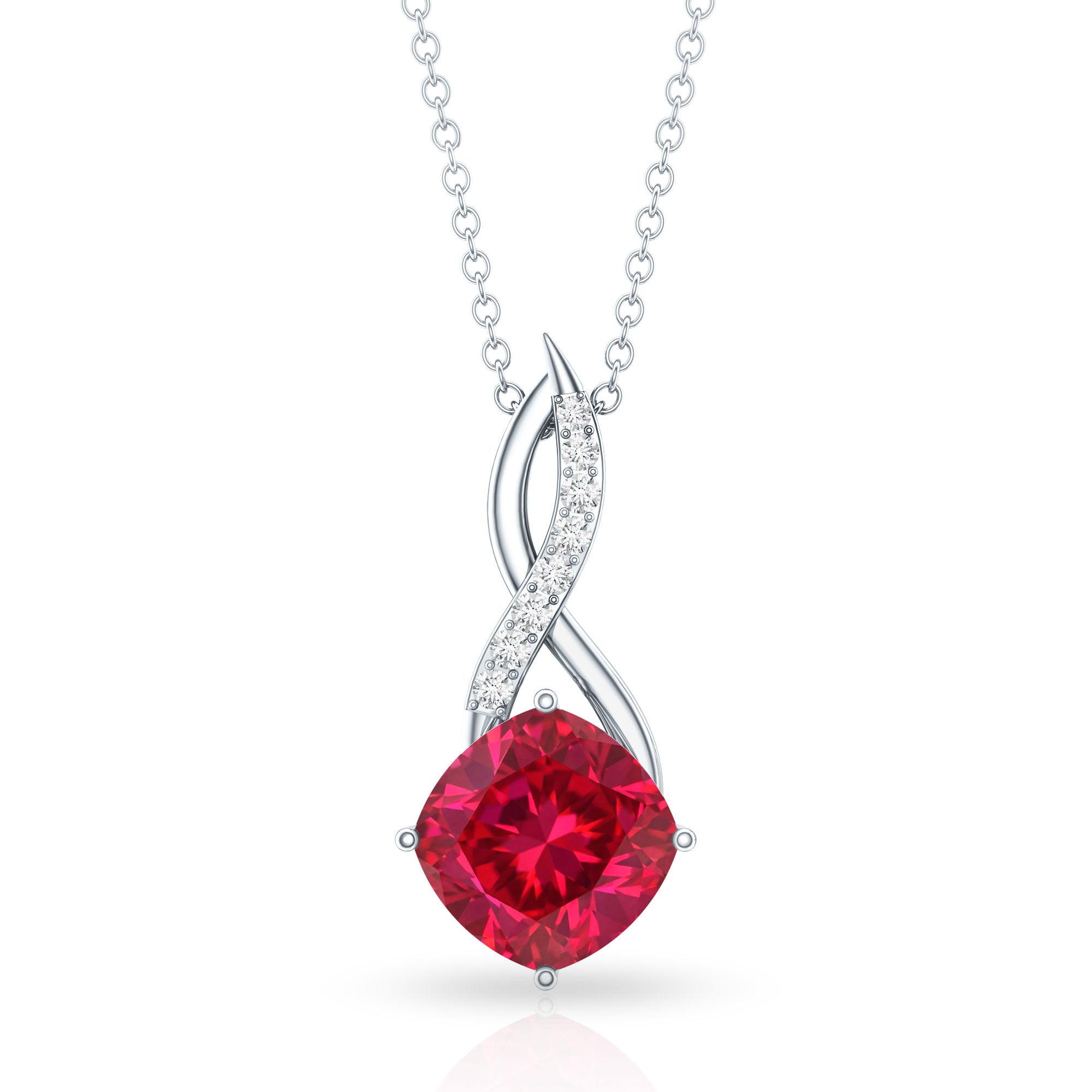 Cushion Cut Created Ruby Solitaire Infinity Pendant with Diamond
